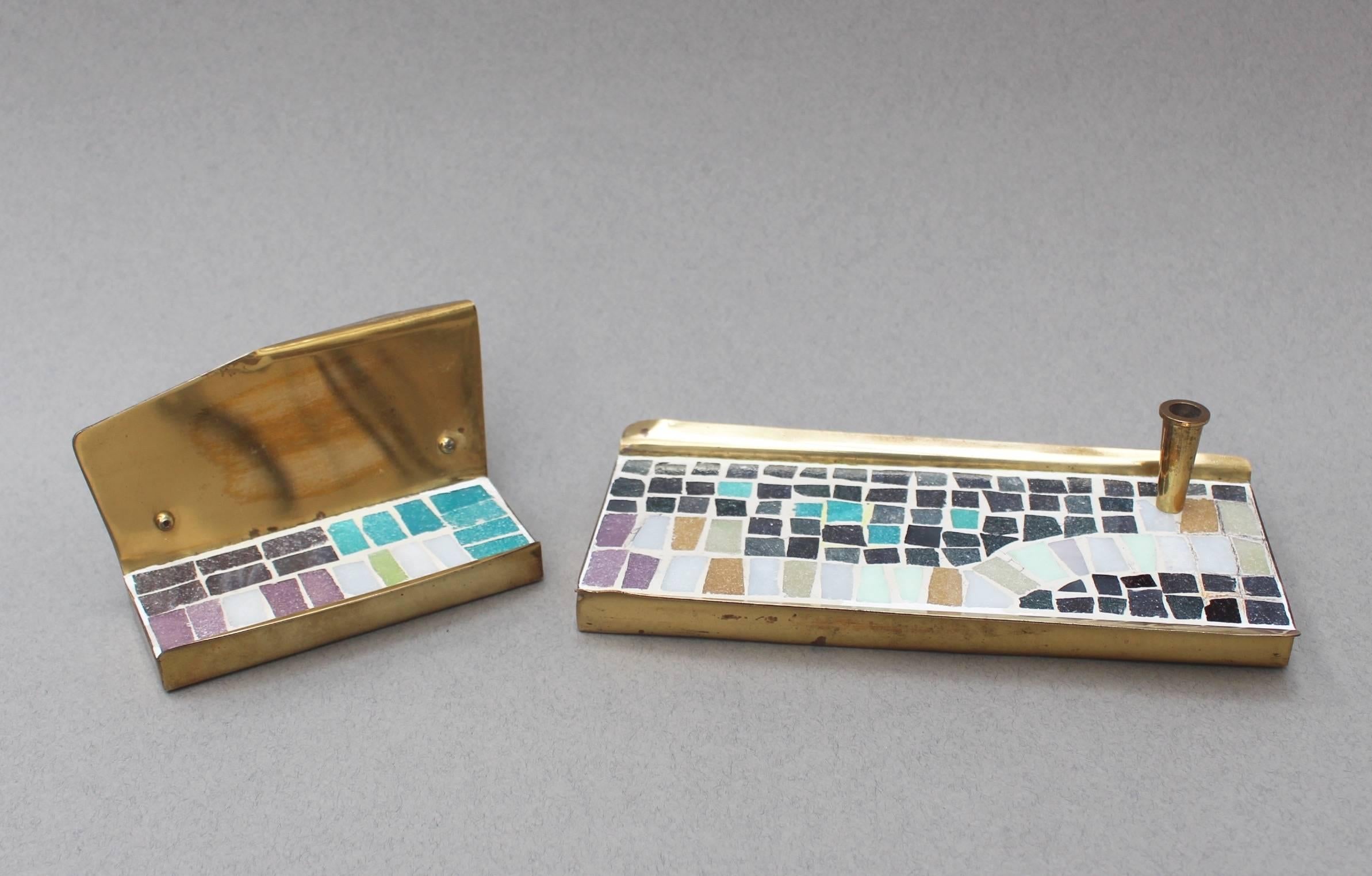Midcentury Brass and Mosaic Ceramic Tiled Desk Accessories Set, Circa 1960s 4