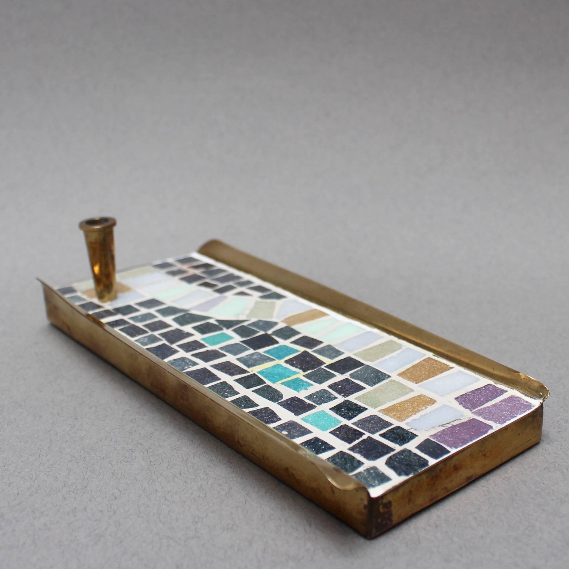 Midcentury Brass and Mosaic Ceramic Tiled Desk Accessories Set, Circa 1960s 2