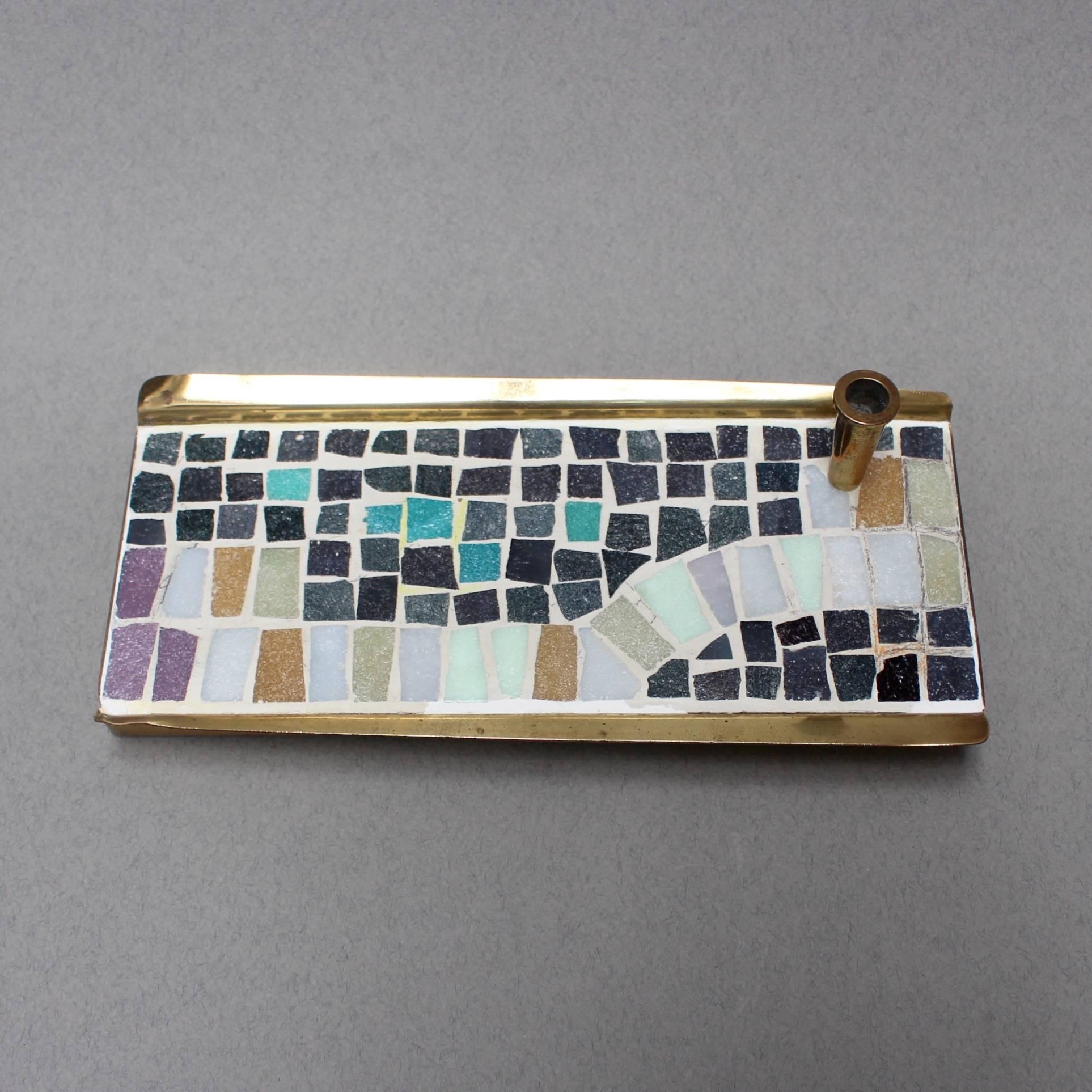 Midcentury Brass and Mosaic Ceramic Tiled Desk Accessories Set, Circa 1960s 3