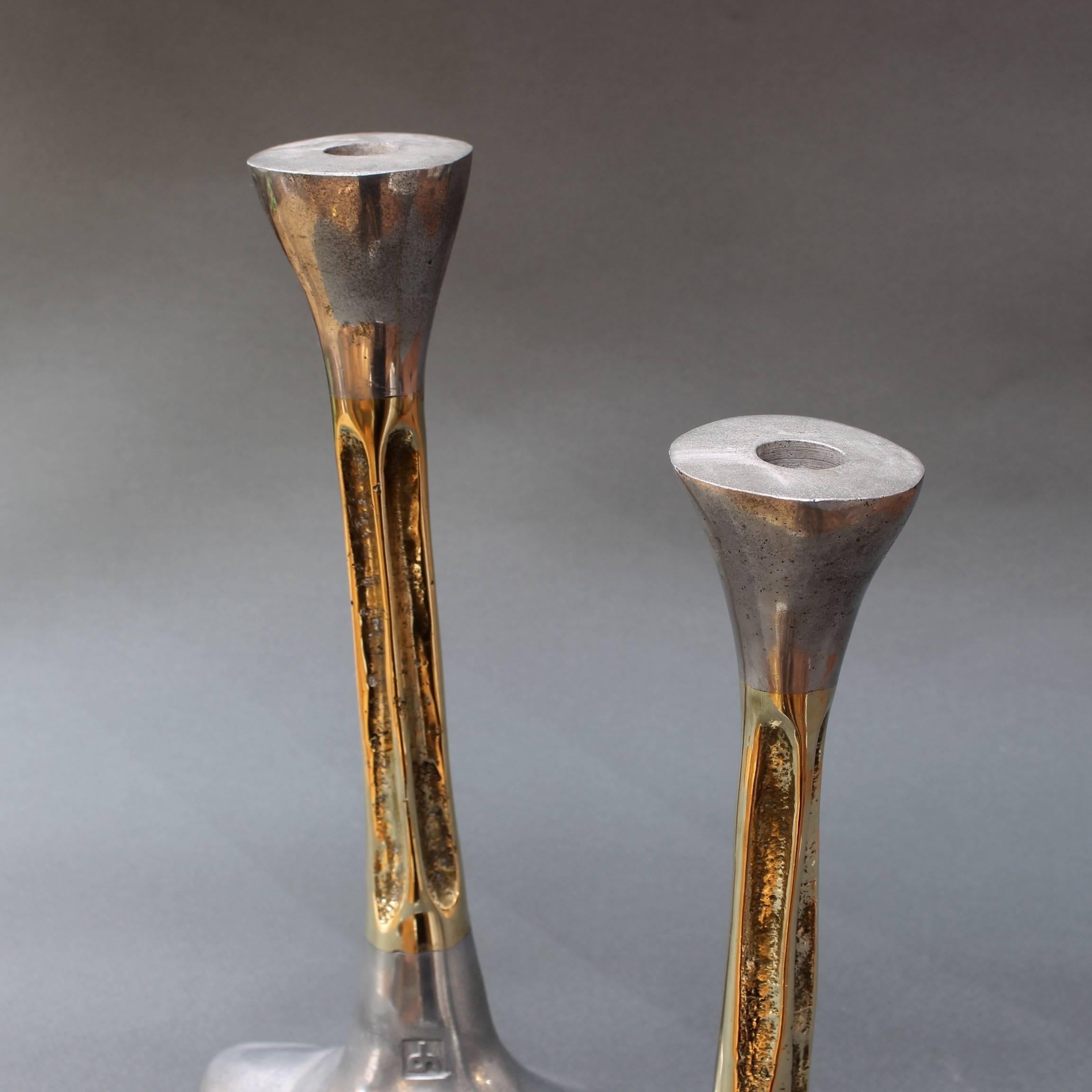 Pair of Brutalist Style Aluminium and Brass Candlesticks by David Marshall 1980s 1