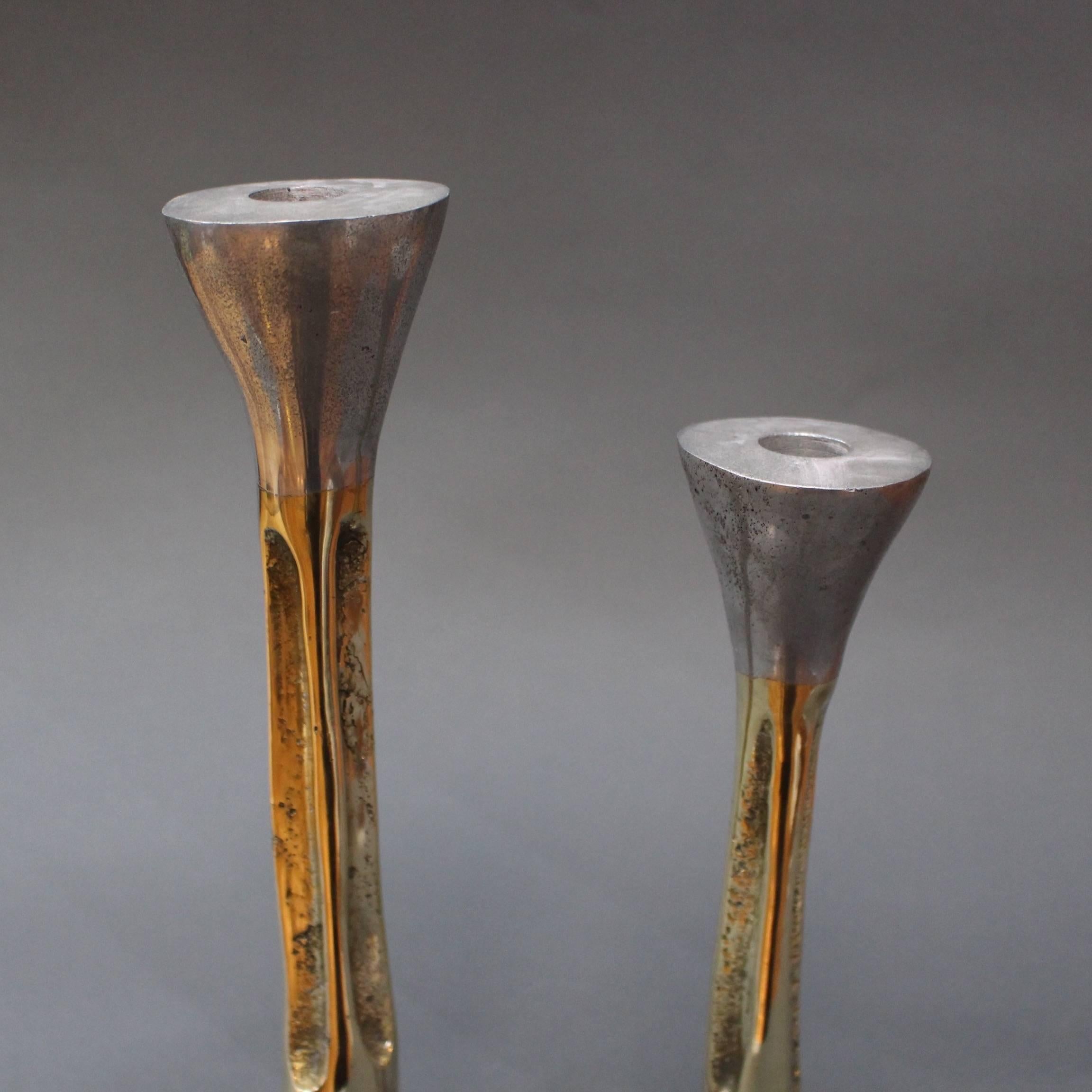 Late 20th Century Pair of Brutalist Style Aluminium and Brass Candlesticks by David Marshall 1980s