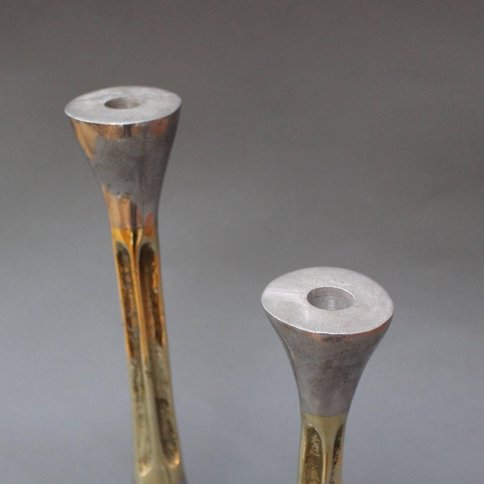 Pair of Brutalist Style Aluminium and Brass Candlesticks by David Marshall 1980s 2