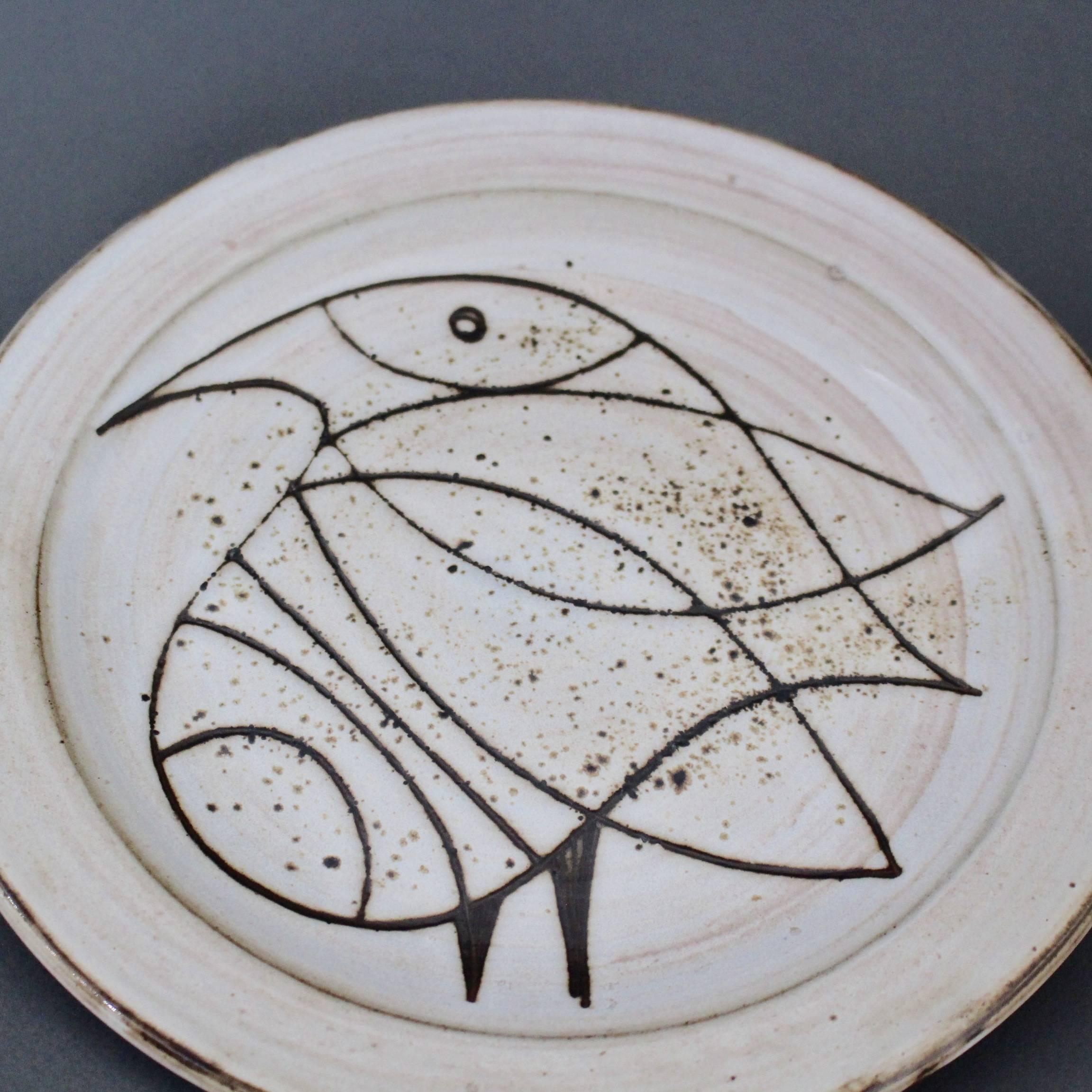 Glazed Mid-century Ceramic Plate with Stylised Bird by Jacques Pouchain, circa 1950s