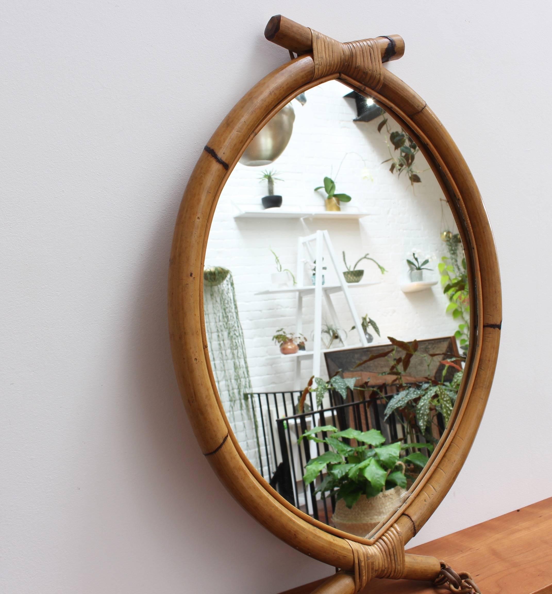 Mid-Century Modern Italian 'Eye-Shaped' Style Bamboo and Rattan Mirror with Hanging Chain