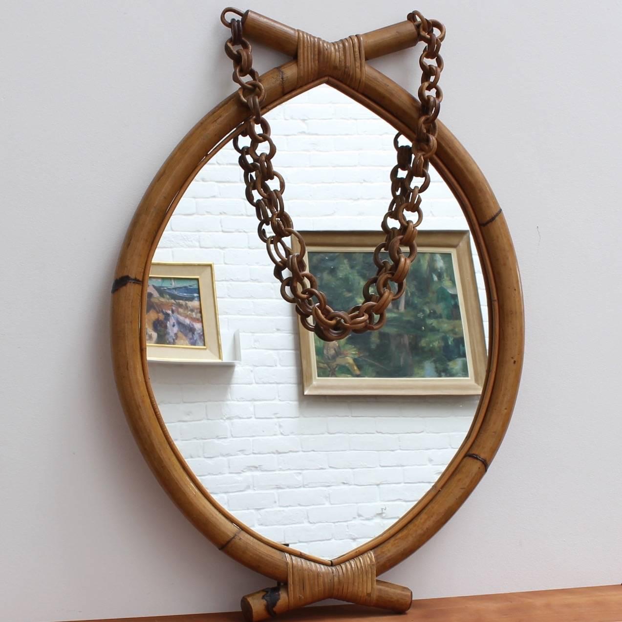 Mid-20th Century Italian 'Eye-Shaped' Style Bamboo and Rattan Mirror with Hanging Chain