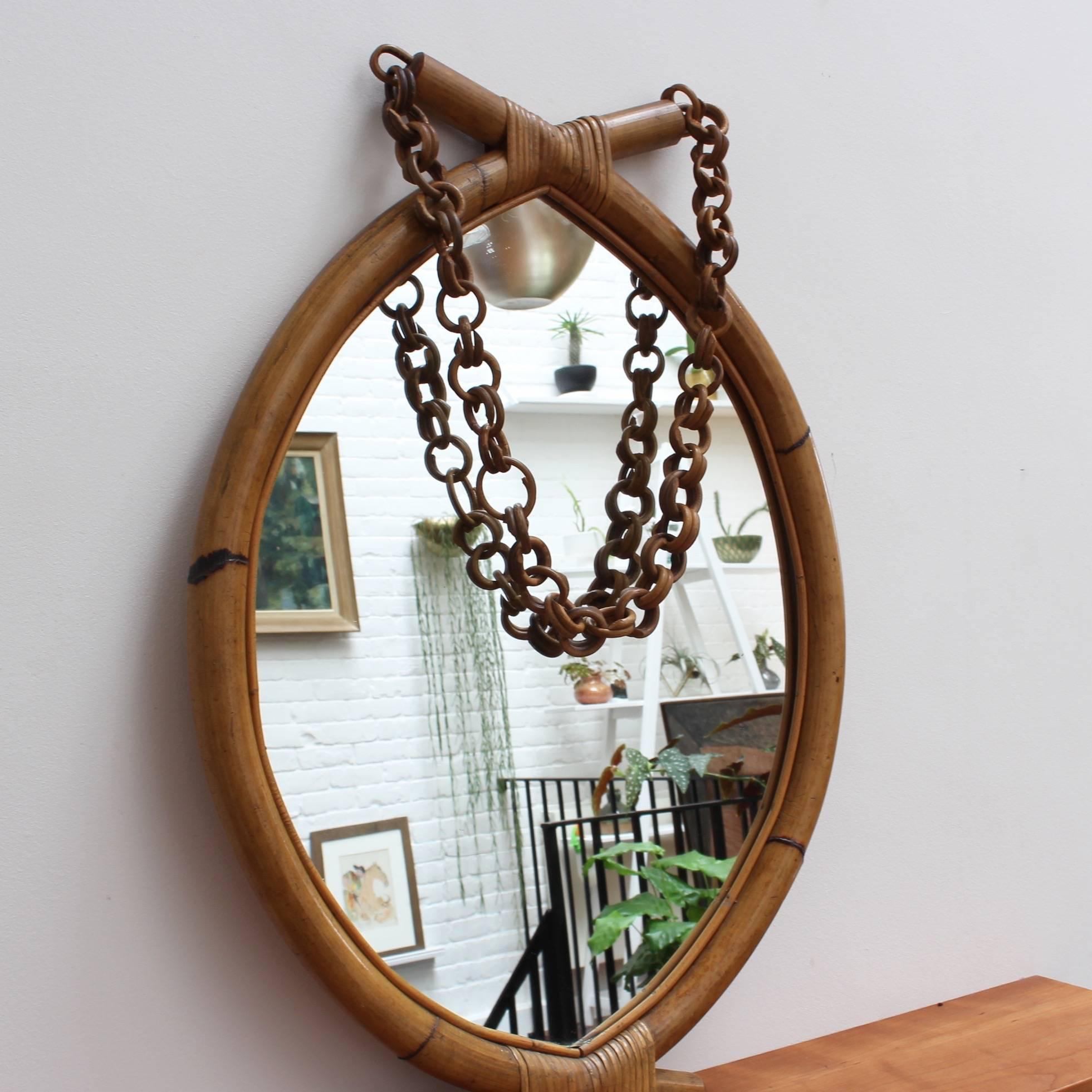 Italian 'Eye-Shaped' Style Bamboo and Rattan Mirror with Hanging Chain In Good Condition In London, GB