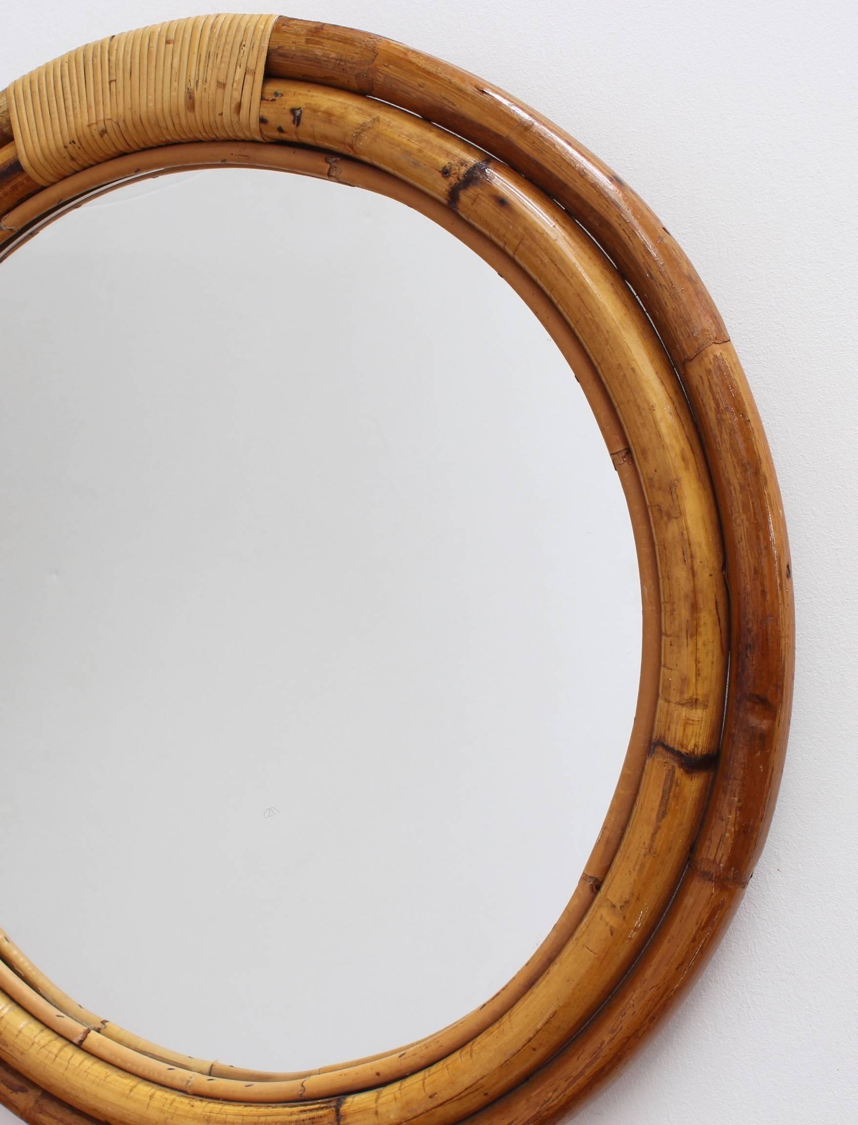 Mid-Century Modern Italian 'Porthole' Style Bamboo and Rattan Mirror (circa 1960s)