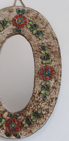 Ceramic Flower-Motif Wall Mirror by La Roue (circa 1960s)