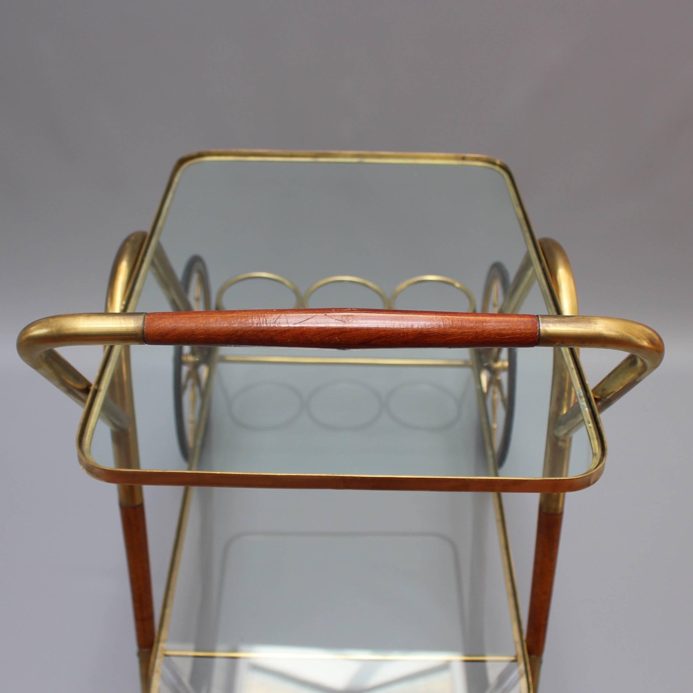 Brass Serving Trolley with Wood Trim by Cesare Lacca, circa 1950s 3