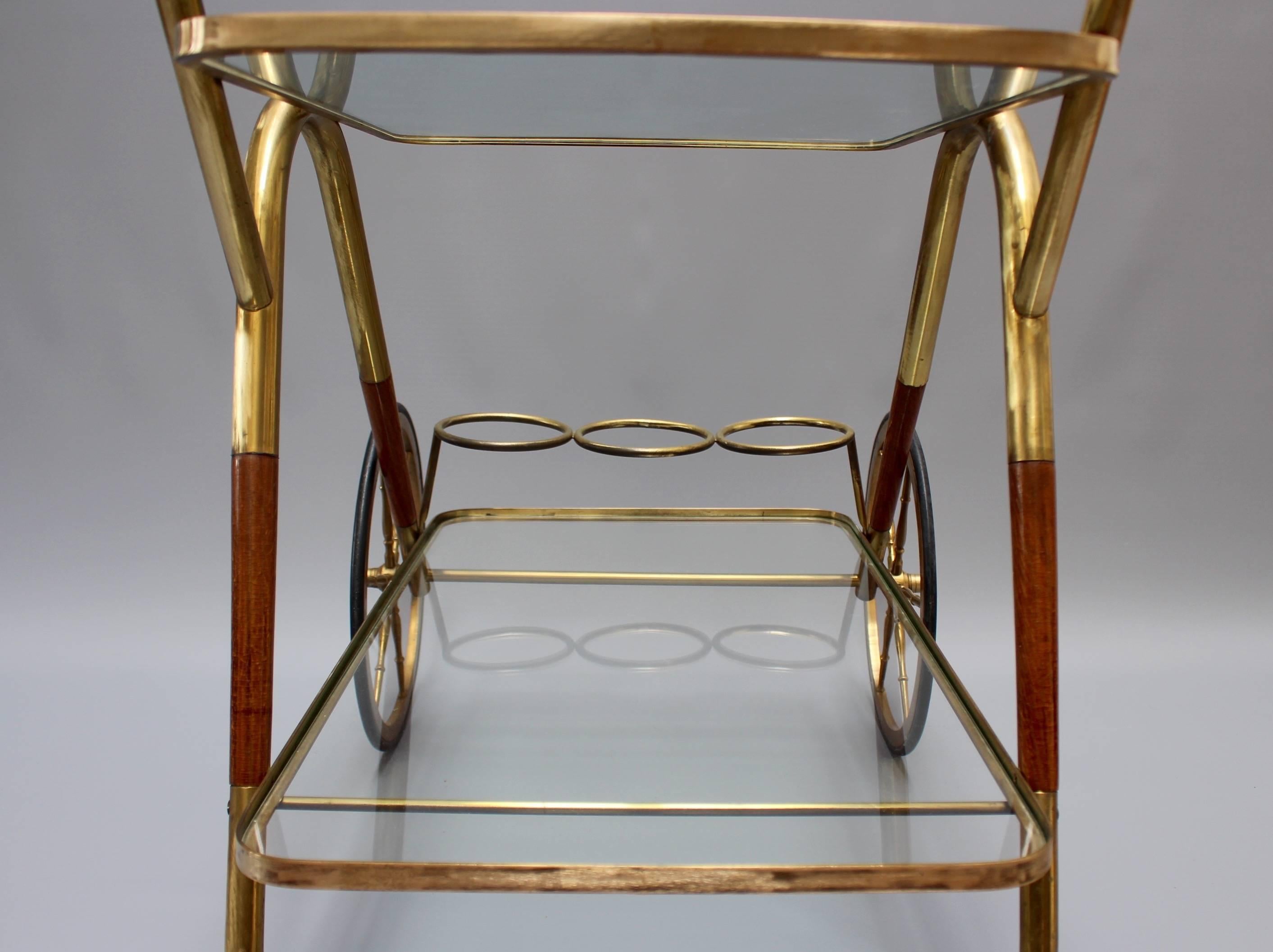 Brass Serving Trolley with Wood Trim by Cesare Lacca, circa 1950s 4