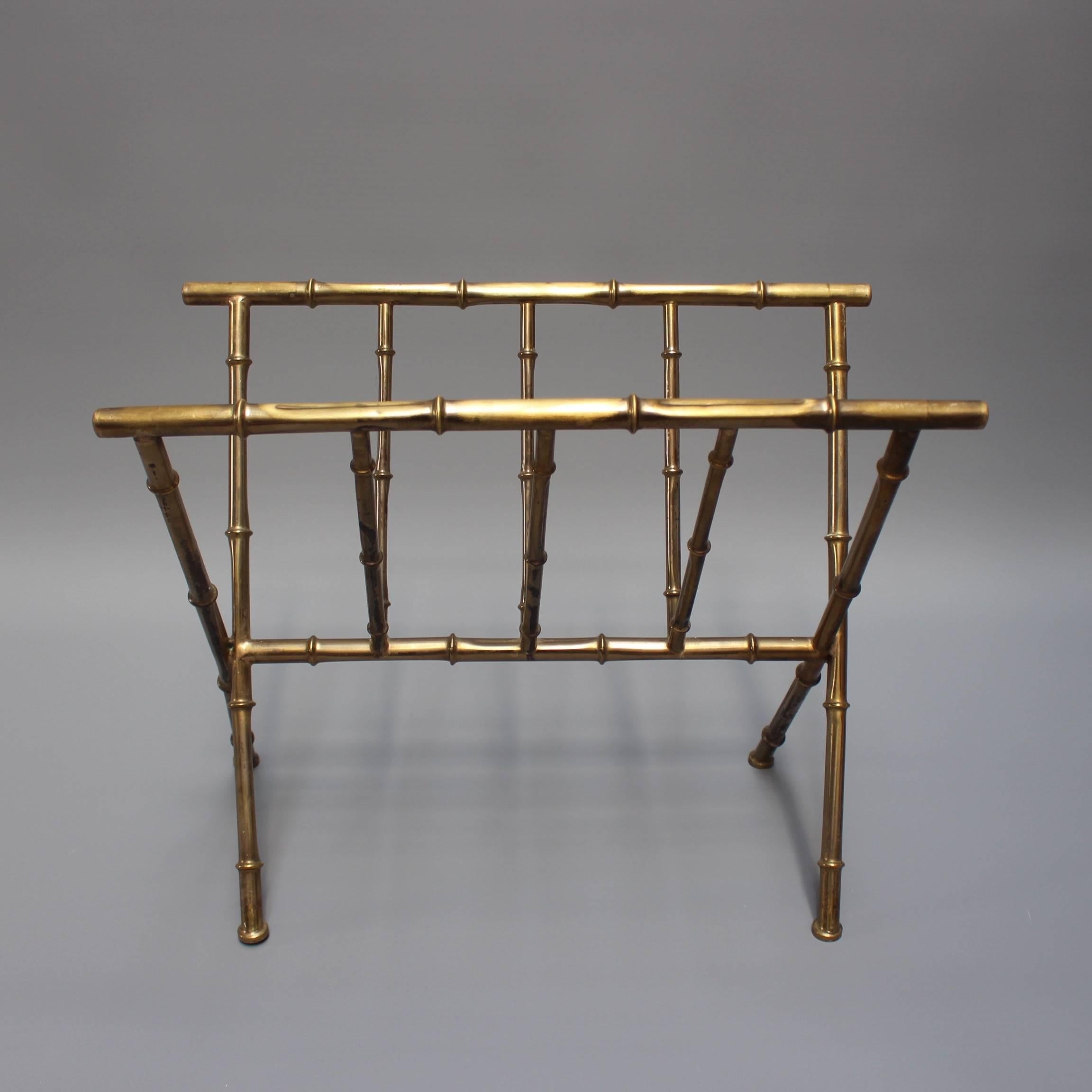 French Brass 'Bamboo' Magazine Rack in the Style of Jacques Adnet, 1950s