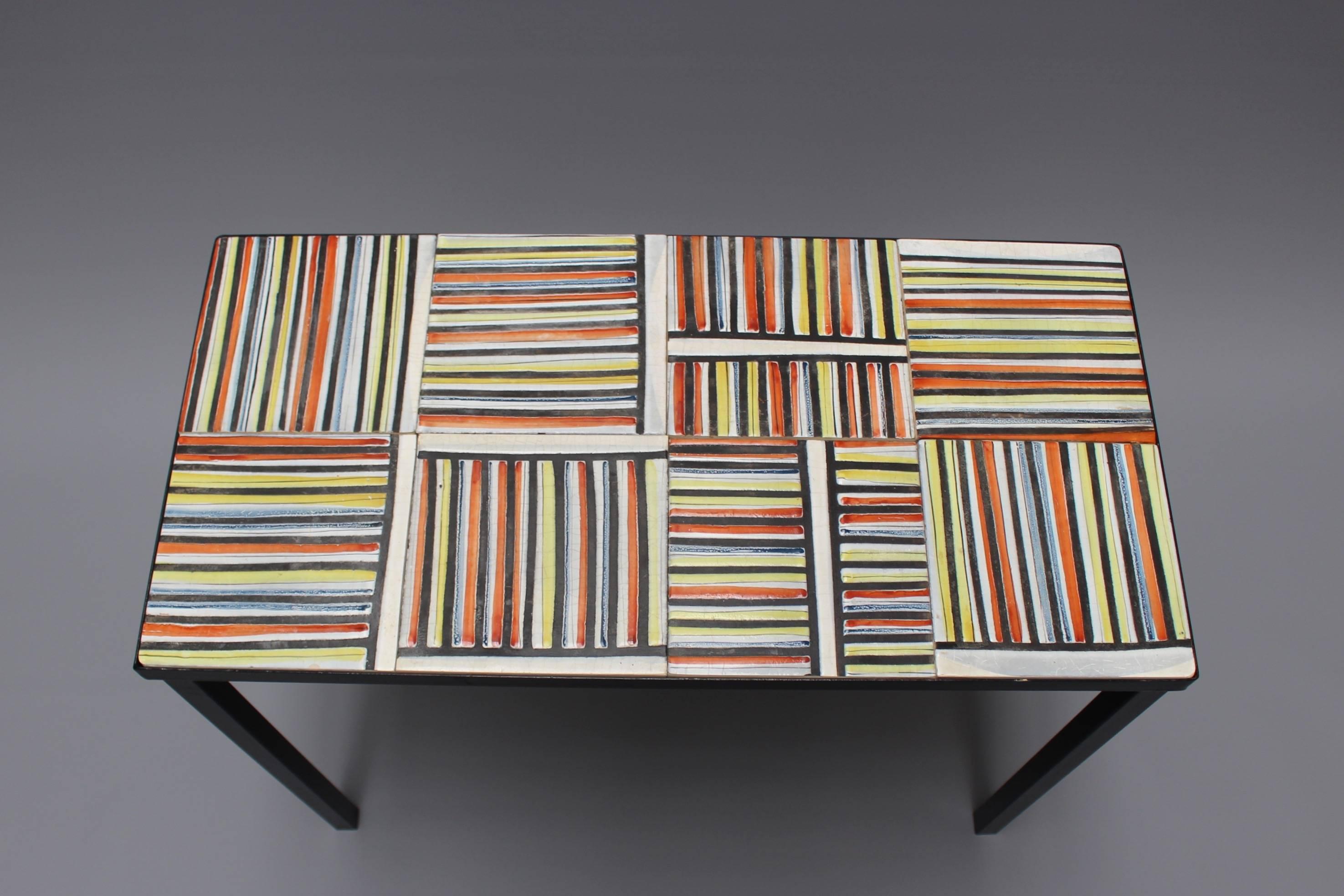 Mid-20th Century Coffee Table with 'Pyjama' Ceramic Tiles by Roger Capron, Vallauris, circa 1950s
