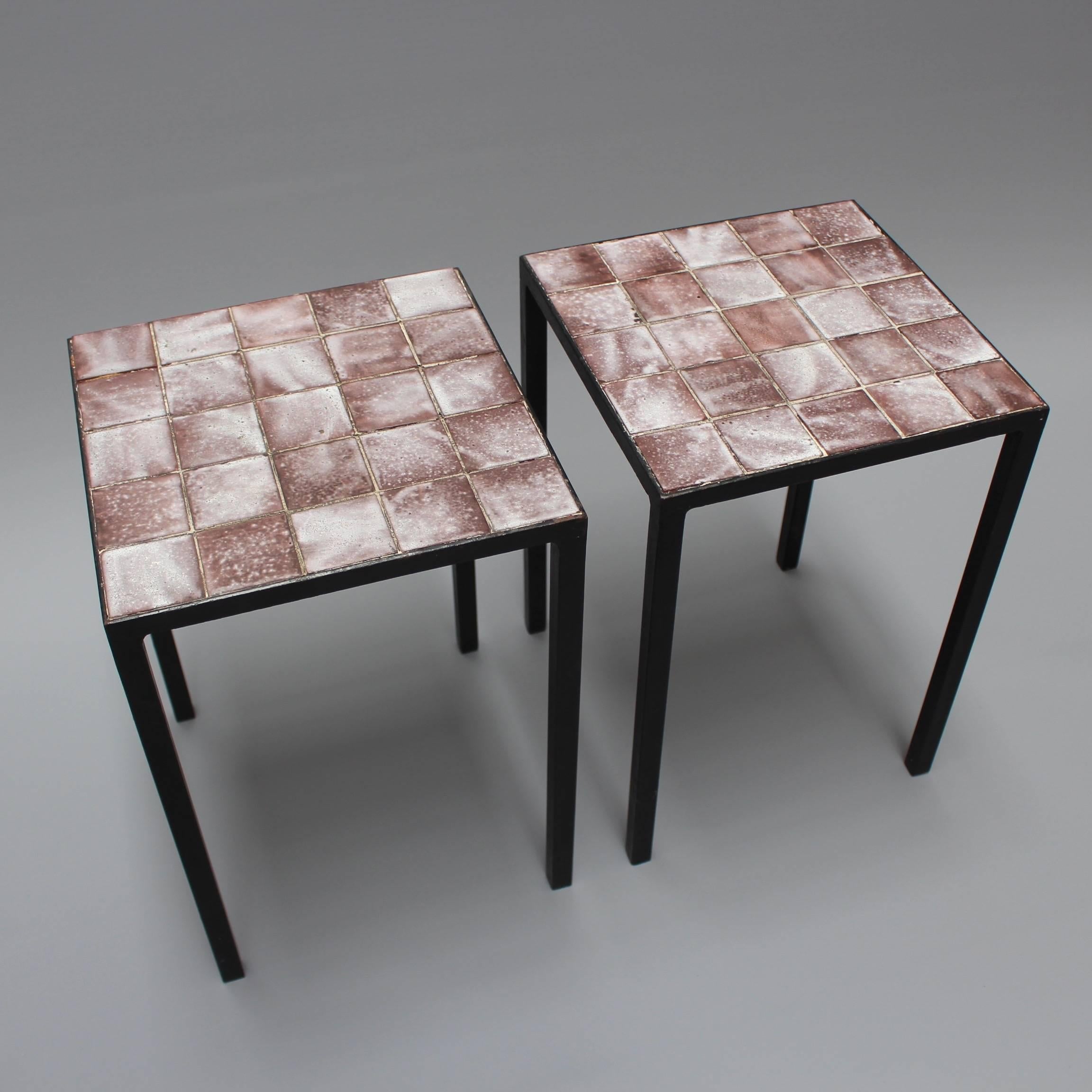 Glazed Set of Two Purple Ceramic Tiled Side Tables by Mado Jolain, circa 1950s -1960s