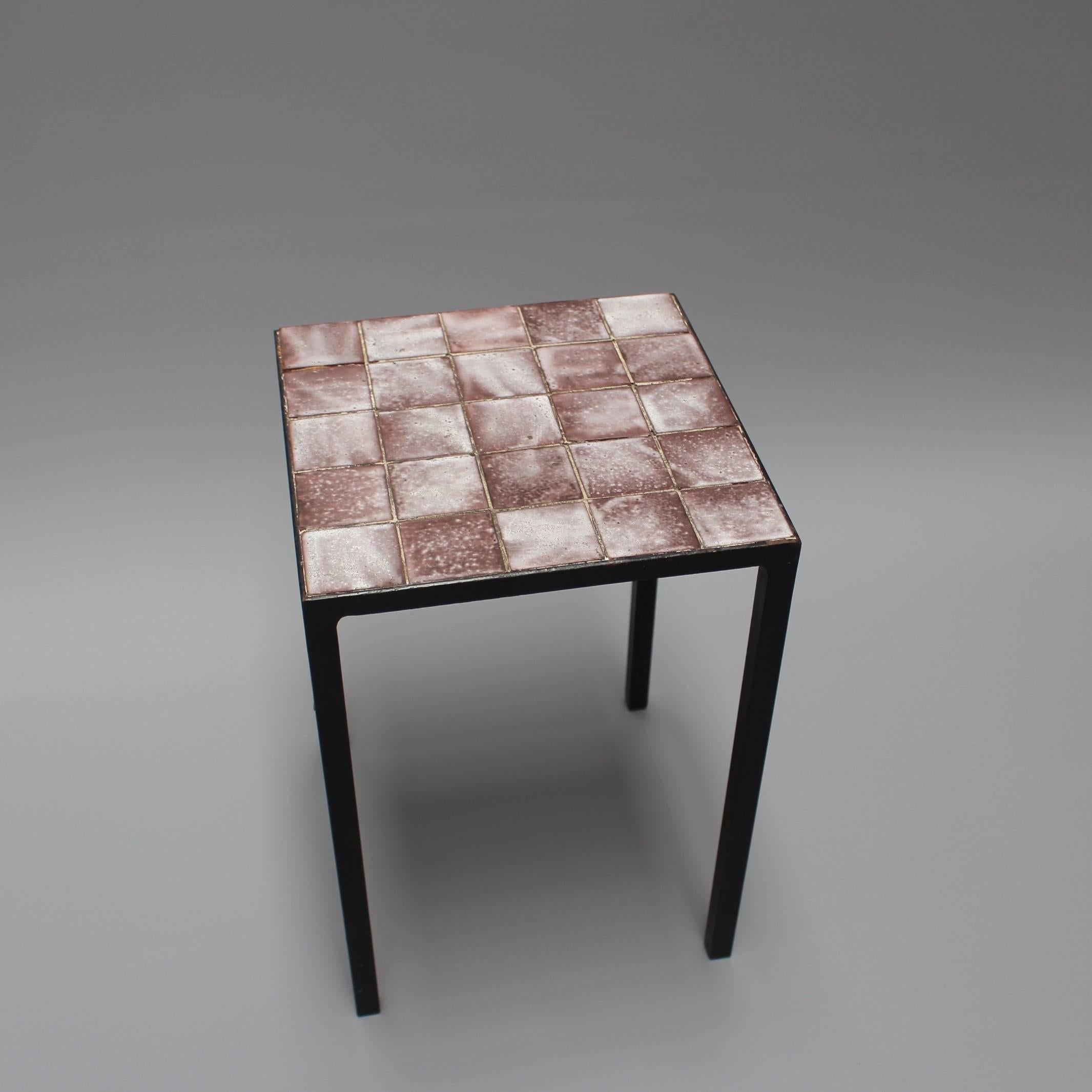 Mid-20th Century Set of Two Purple Ceramic Tiled Side Tables by Mado Jolain, circa 1950s -1960s