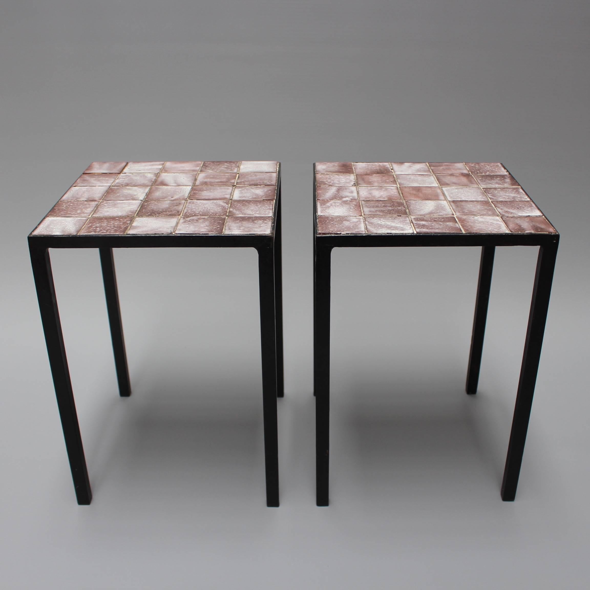 Metal Set of Two Purple Ceramic Tiled Side Tables by Mado Jolain, circa 1950s -1960s