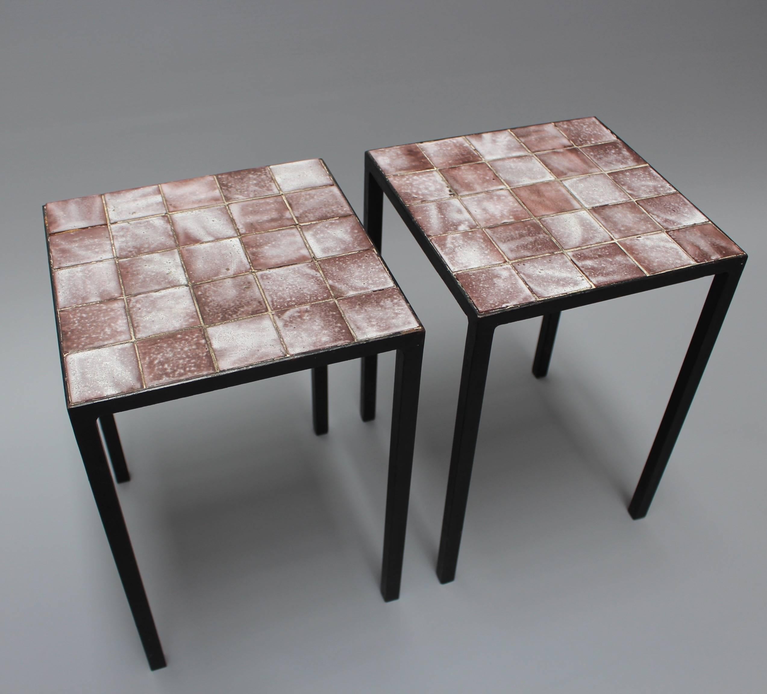 Set of Two Purple Ceramic Tiled Side Tables by Mado Jolain, circa 1950s -1960s 1