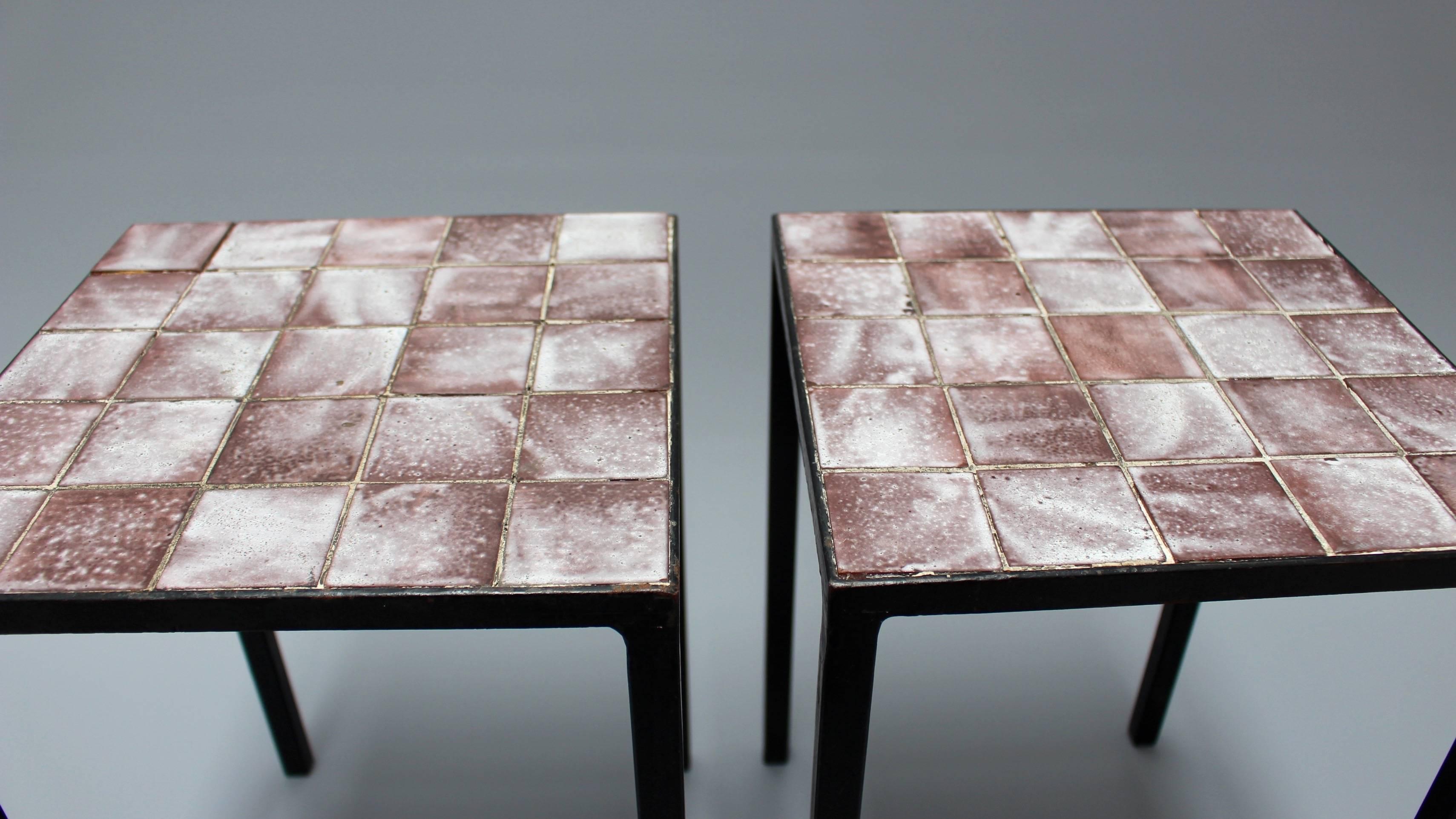 Set of Two Purple Ceramic Tiled Side Tables by Mado Jolain, circa 1950s -1960s 3