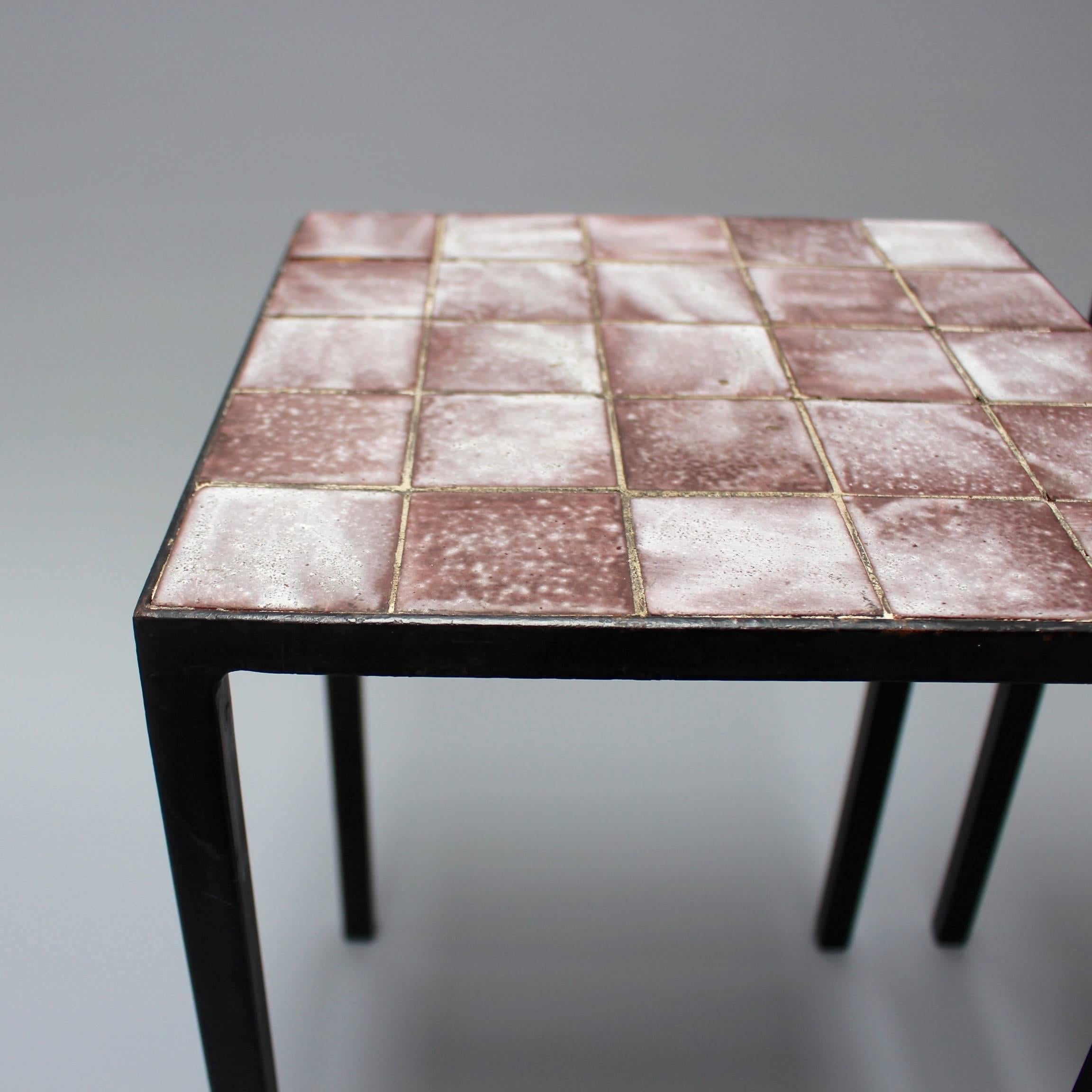 French Set of Two Purple Ceramic Tiled Side Tables by Mado Jolain, circa 1950s -1960s