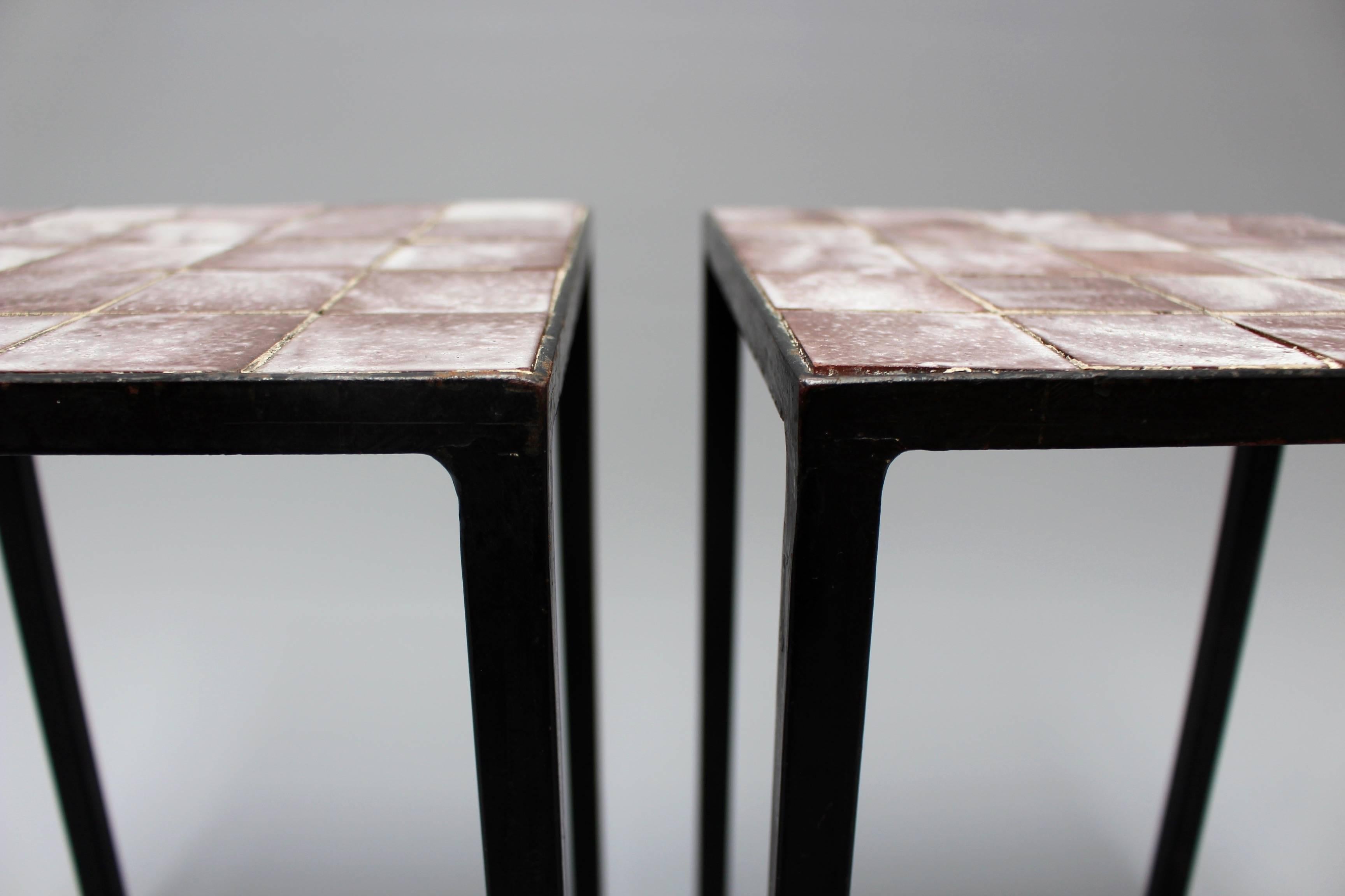 Set of Two Purple Ceramic Tiled Side Tables by Mado Jolain, circa 1950s -1960s In Good Condition In London, GB