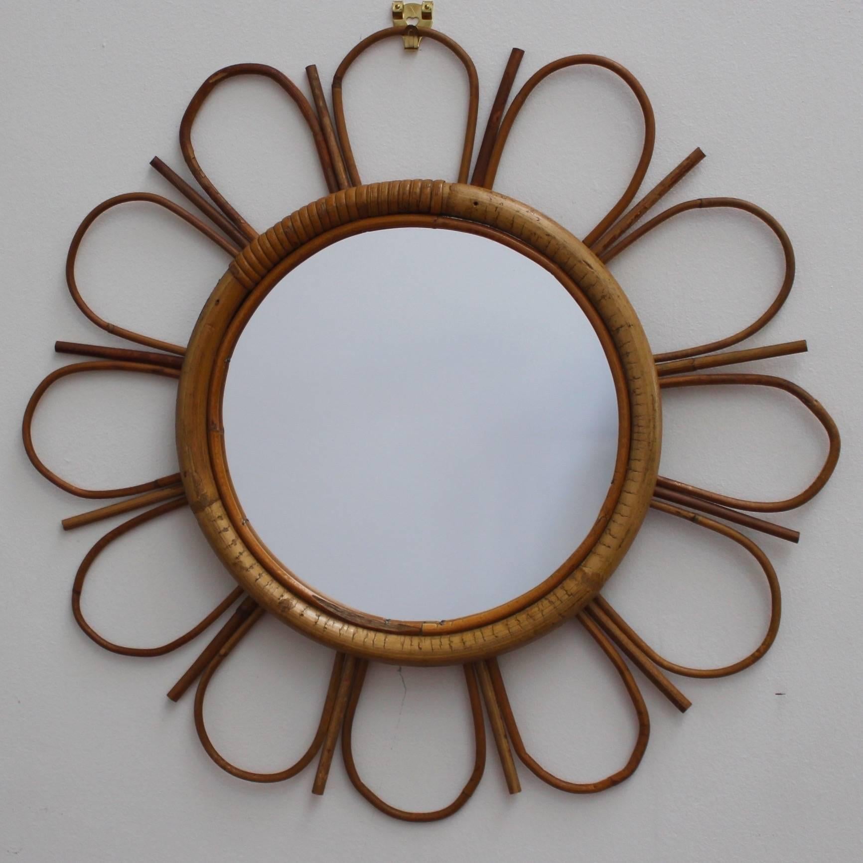 Mid-Century Modern Midcentury French Bamboo and Rattan Sunflower Mirror, circa 1960s