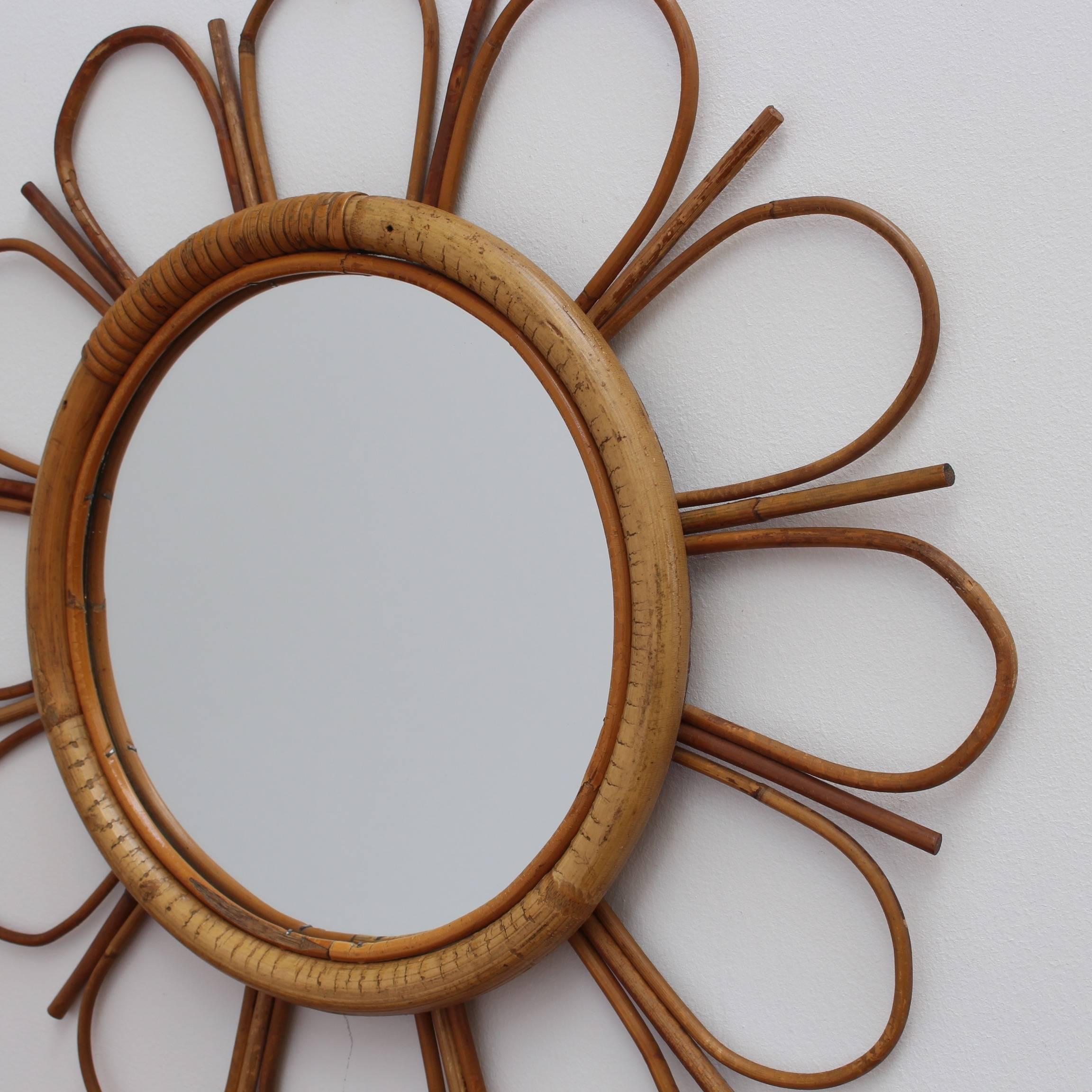 Midcentury French Bamboo and Rattan Sunflower Mirror, circa 1960s 1