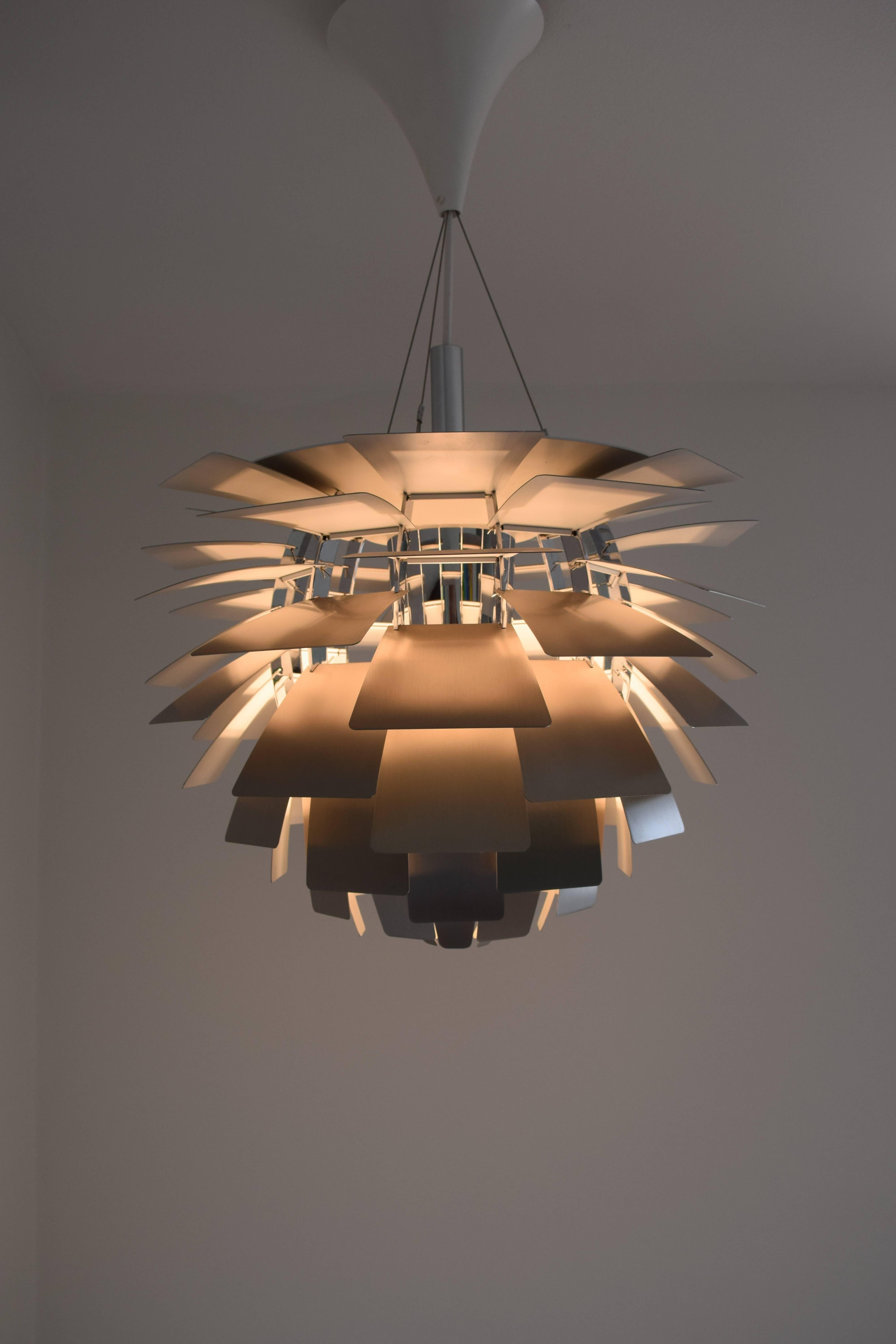 Poul Henningsen Pendant lamp, PH Artichoke brushed steel leaves mounted on 12 chromed steel arches. Measures: ø48cm.
