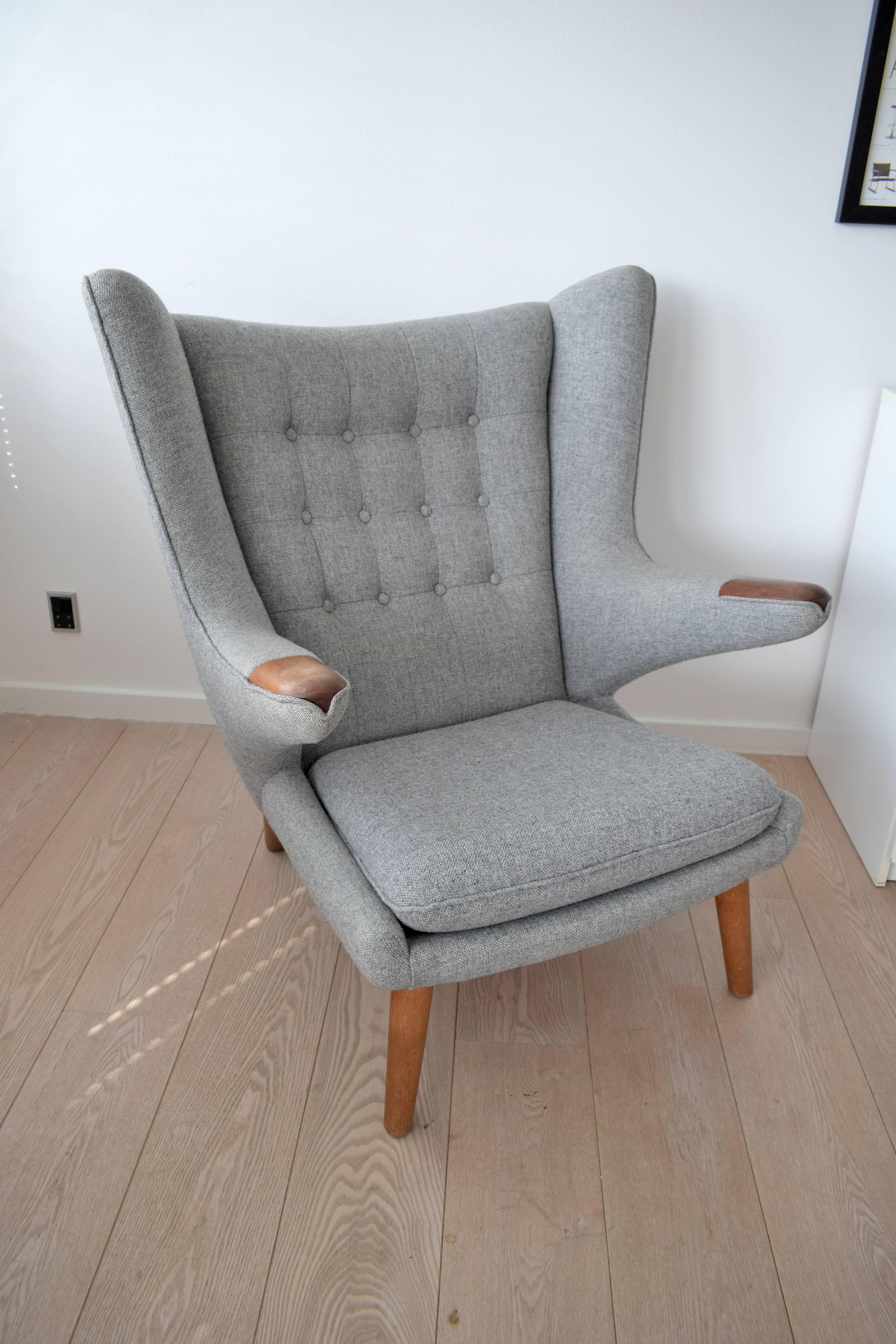 Danish Hans Wegner Papa Bear Chair 'AP19' gray wool teak oak For Sale