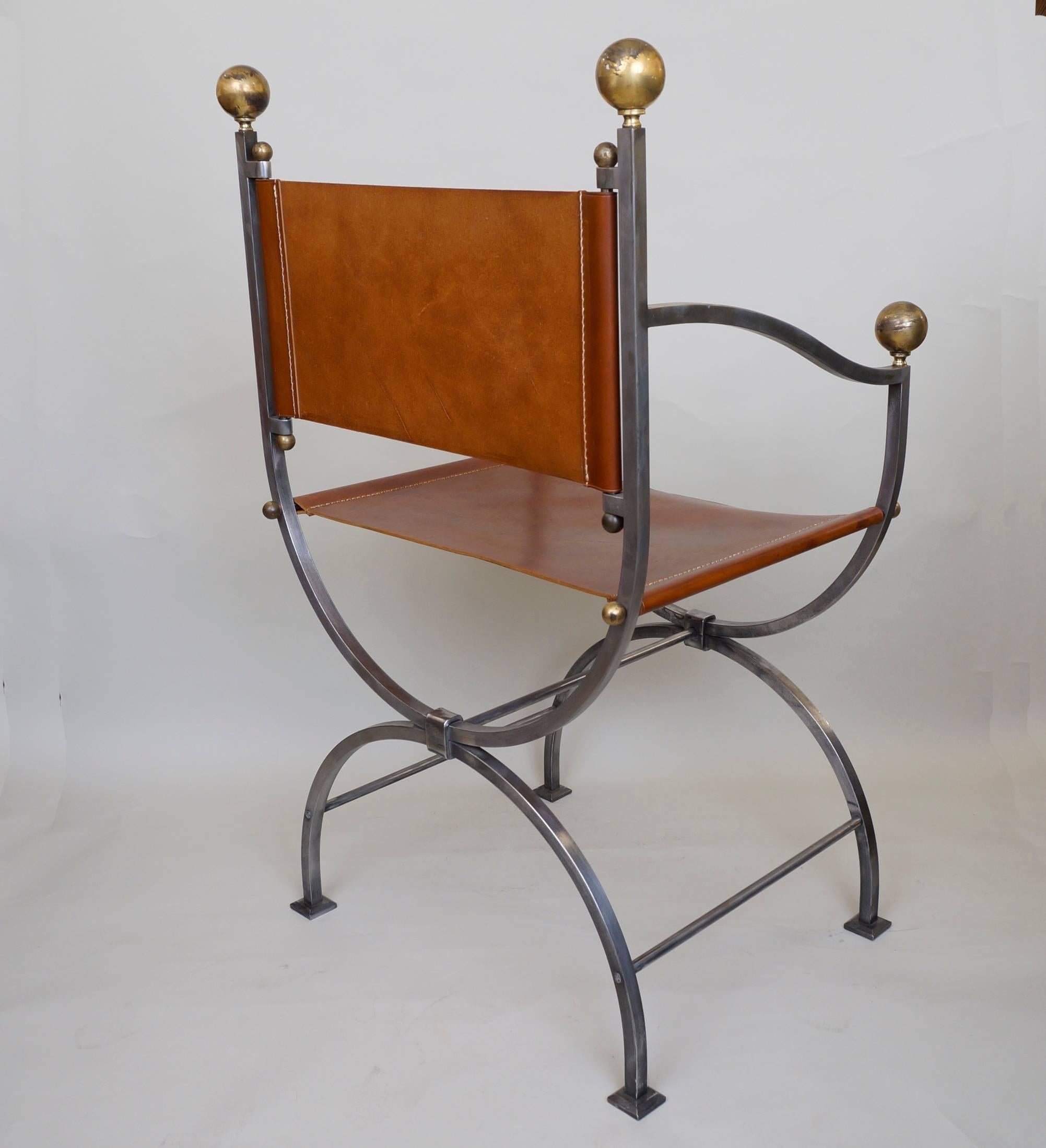 Patinated Suite of Eight Wrought Iron, Brass and Leather Dining Room Armchairs For Sale