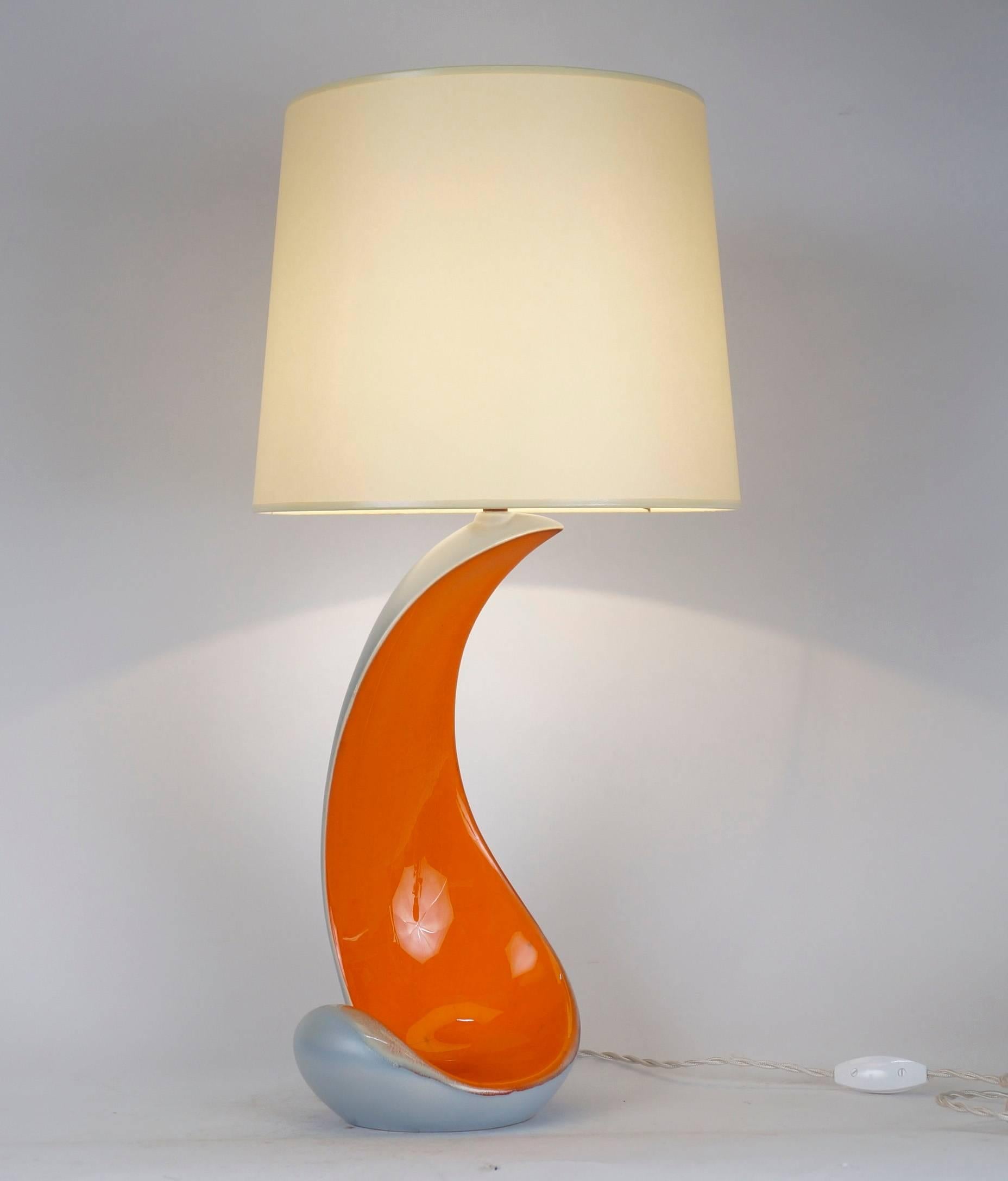 Two-toned table lamp orange, grey and blue. 
Custom-made fabric lampshades.
Rewired with twisted silk cord. 
US standard plug on request.
Ceramic height: 36 cm - 14,2 in.
Height with lampshade: 59 cm - 23,2.
  