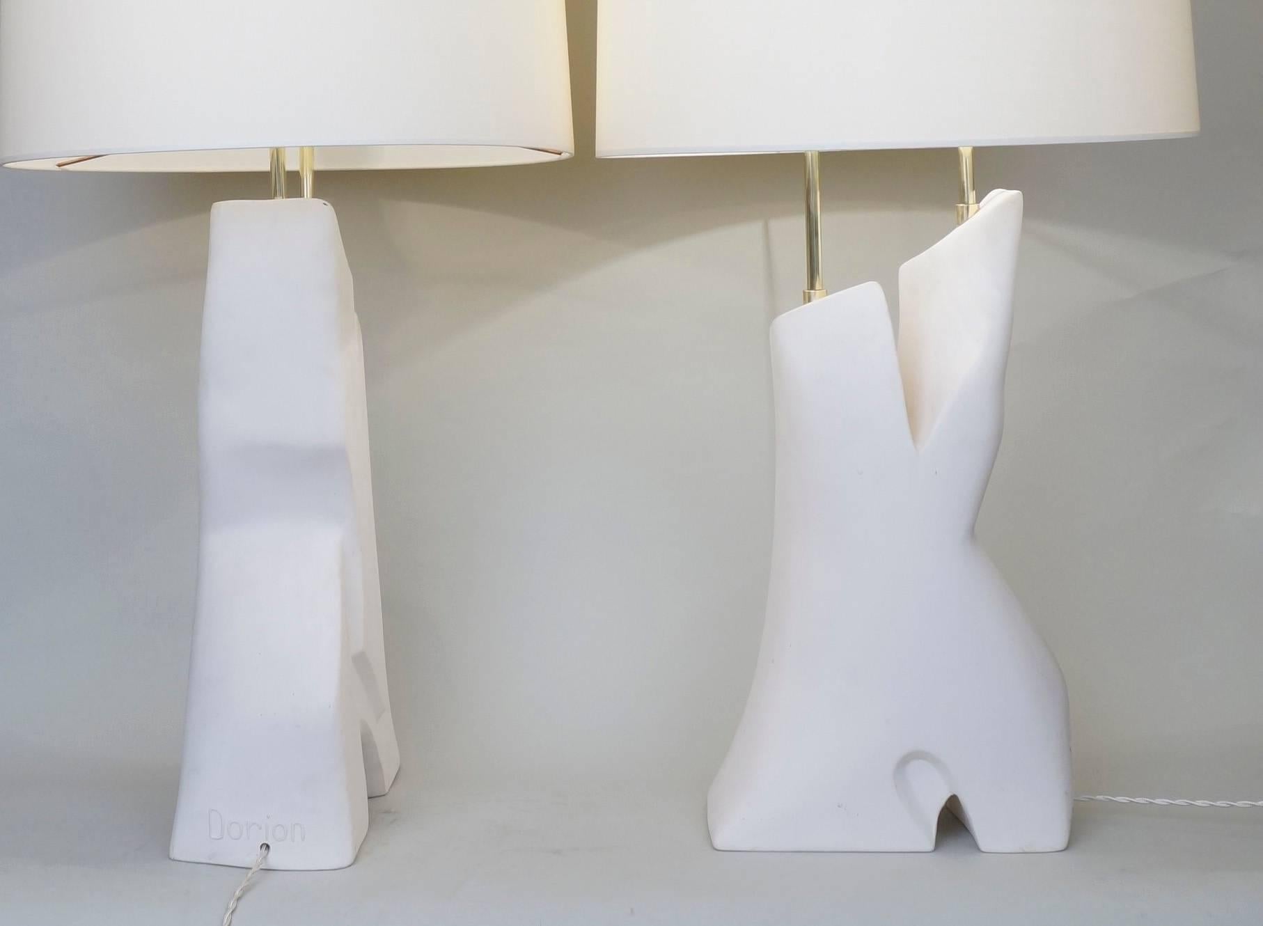 Late 20th Century Pair of White Un-Enameled Ceramic Table Lamp by Dorion In Excellent Condition For Sale In Paris, FR