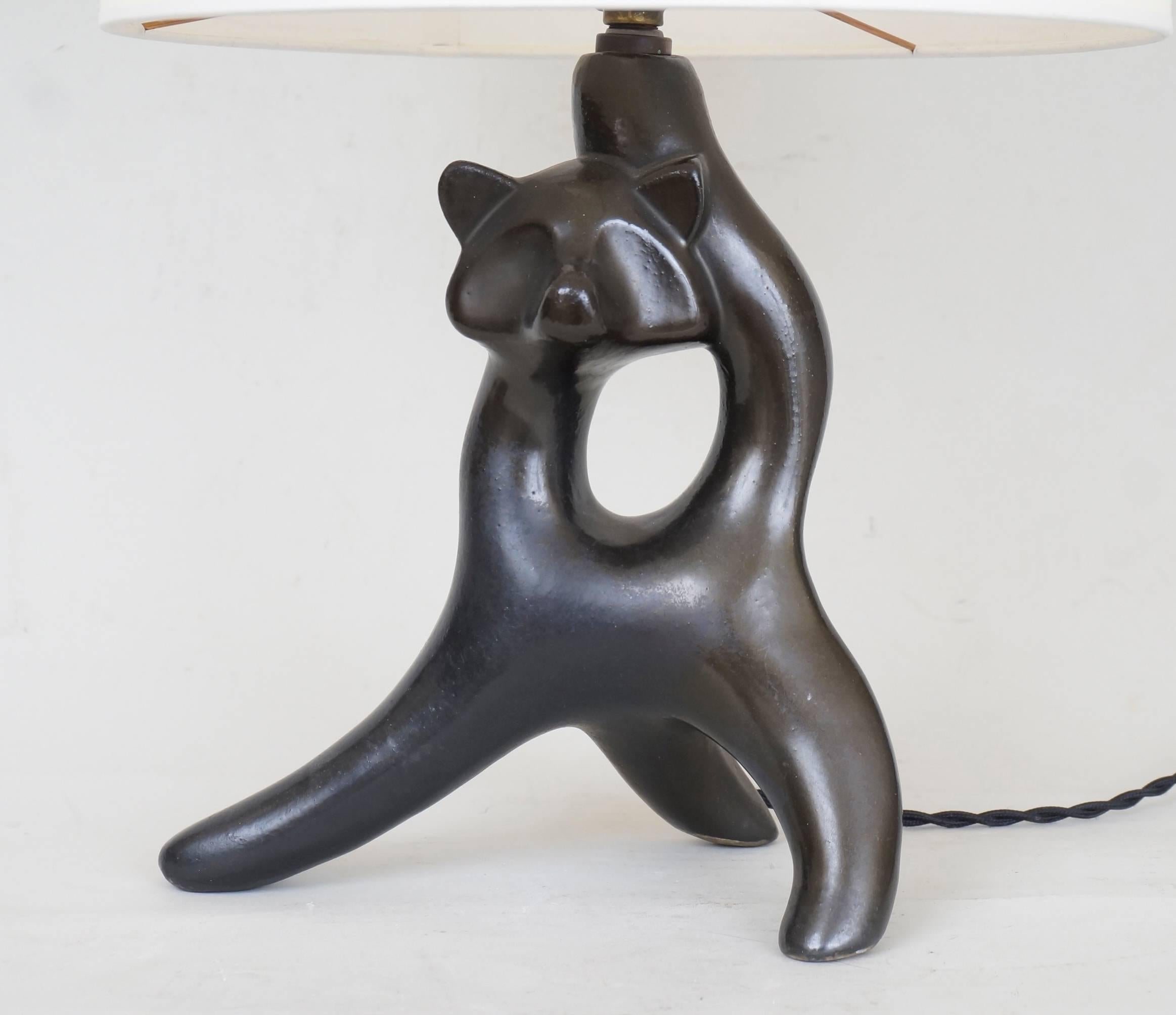 French Mid-20th Century Zoomorphic Black Satin Ceramic Table Lamps For Sale