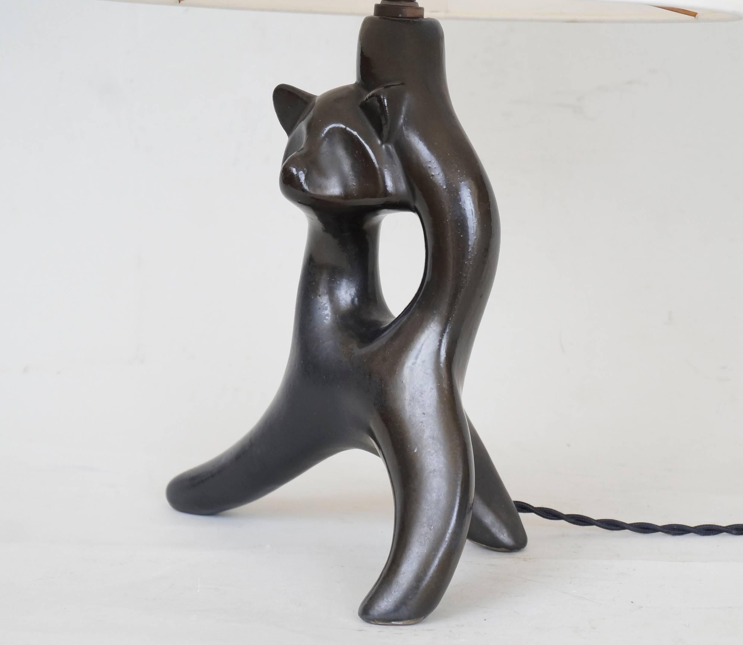 Enameled Mid-20th Century Zoomorphic Black Satin Ceramic Table Lamps For Sale