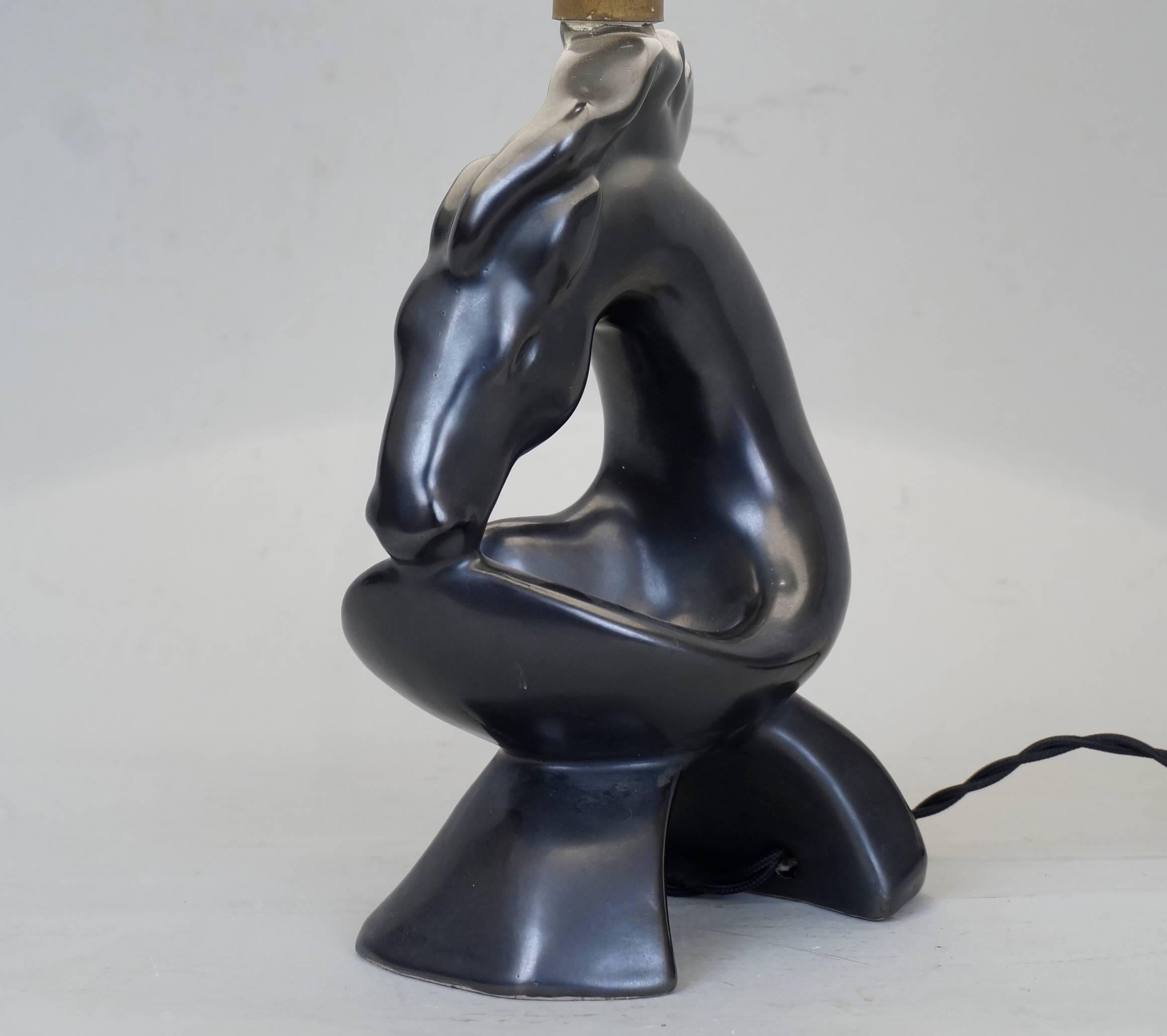 French Mid-20th Century Zoomorphic Black Satin Ceramic Table Lamps For Sale