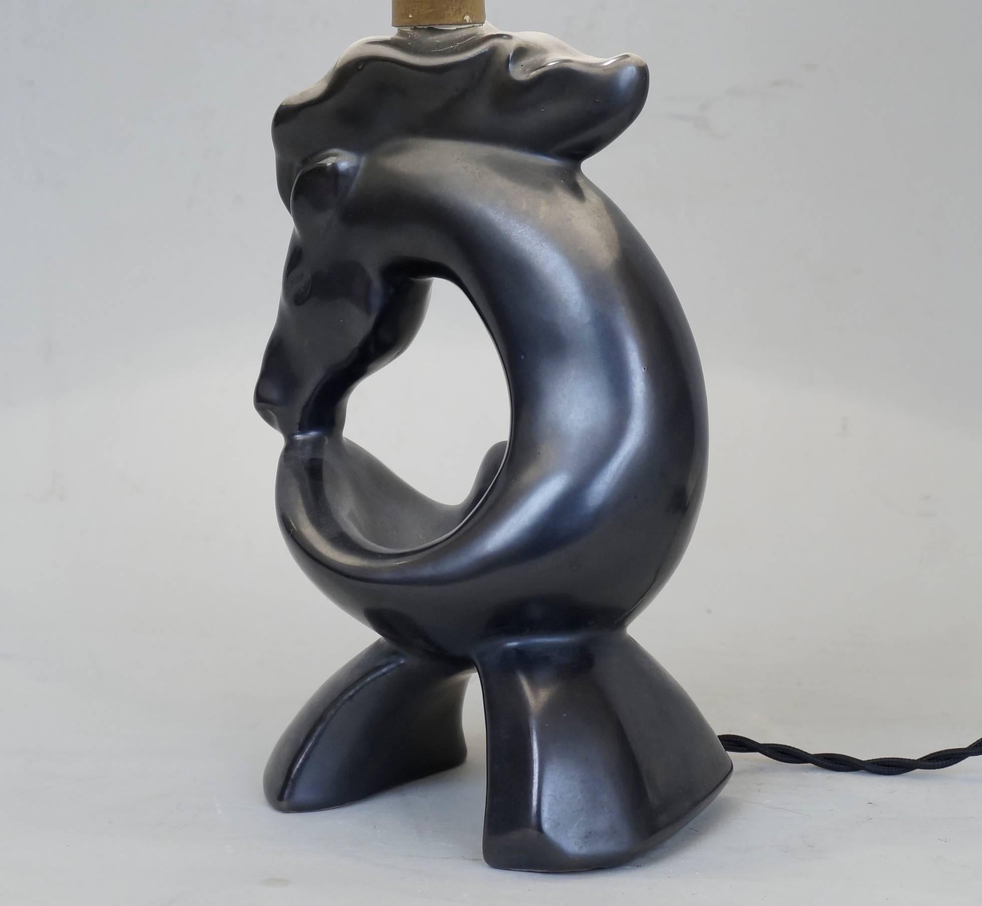 Mid-20th Century Zoomorphic Black Satin Ceramic Table Lamps In Good Condition For Sale In Paris, FR