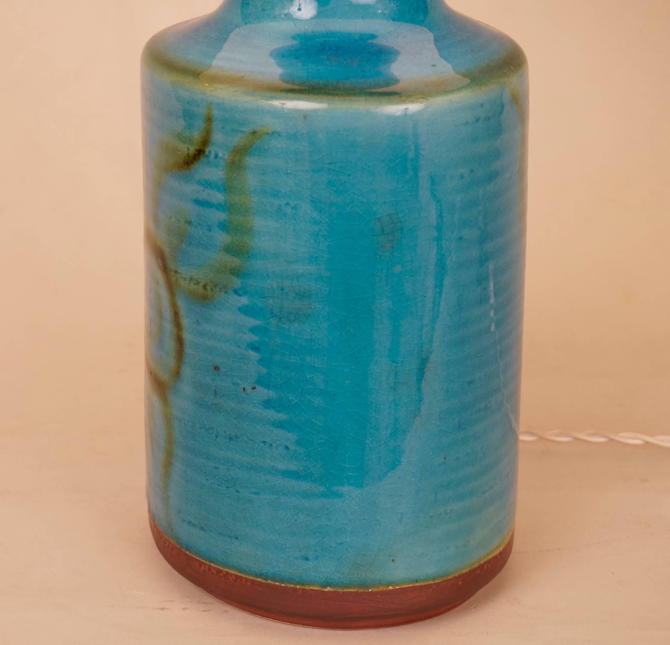20th Century Blue Enameled Ceramic Table Lamp In Good Condition For Sale In Paris, FR