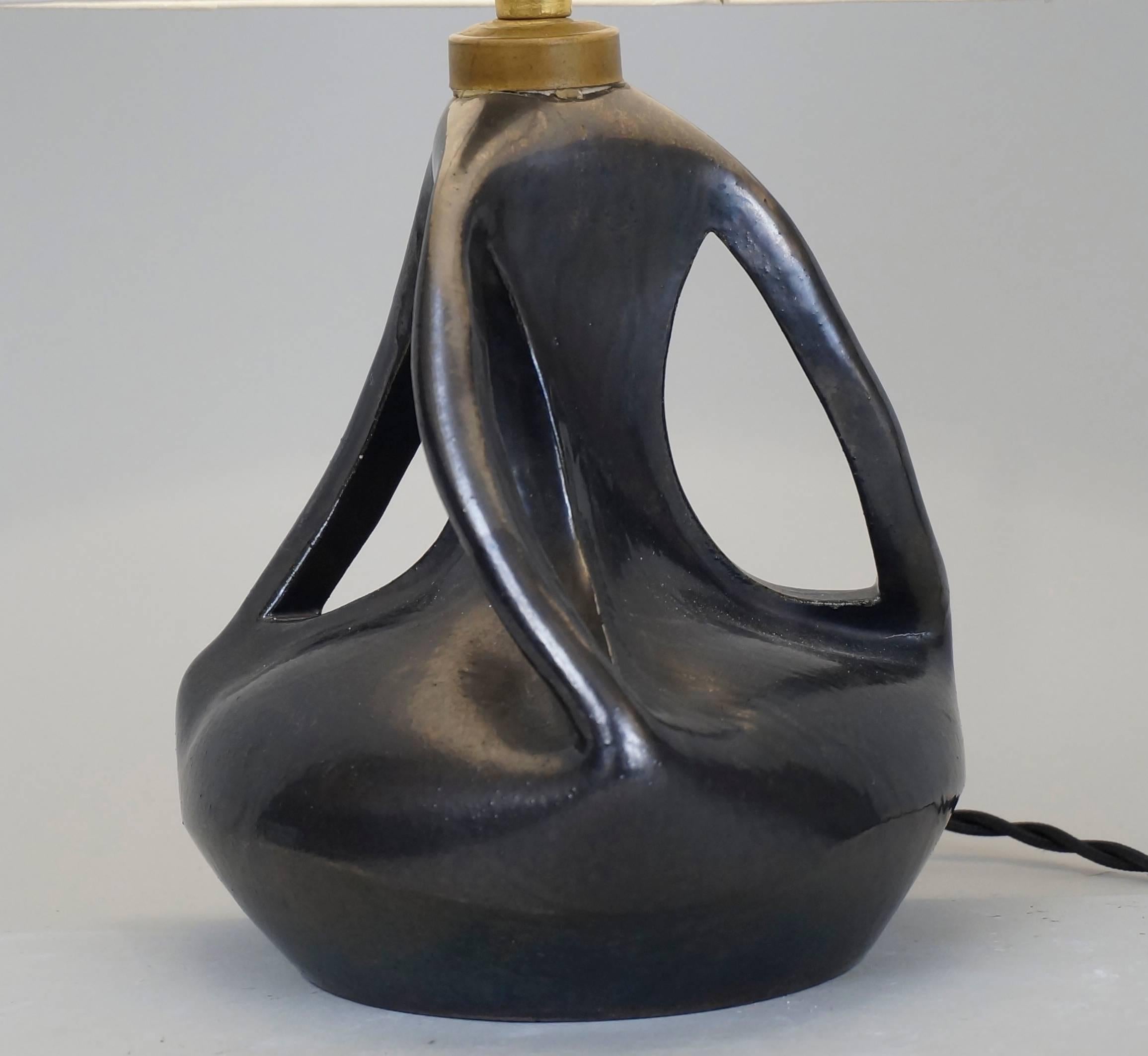 French 1970 Black Satin Ceramic Table Lamp