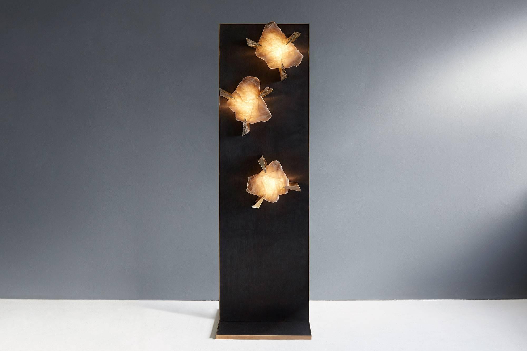 Petra III, 2017
Smoky quartz slab, lost wax bronze 
Sconces approx. 13