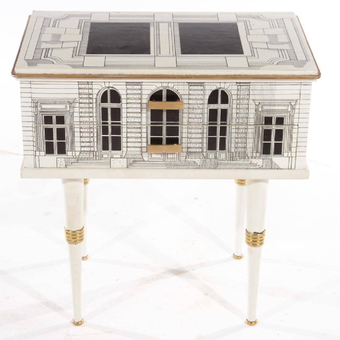 Pair of two-drawer architectural Italian tables in the manner of Fornasetti, circa 1960. The hand-painted cases having architectural detail and bronze-mounted legs.