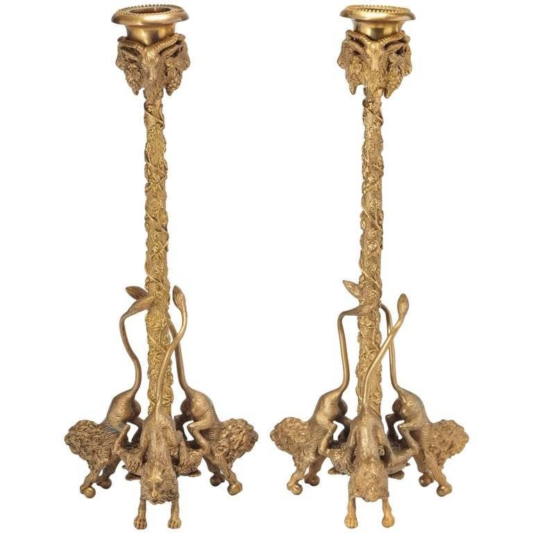 Pair of Whimsical Gilt Bronze Ram and Lion Cast Candlesticks