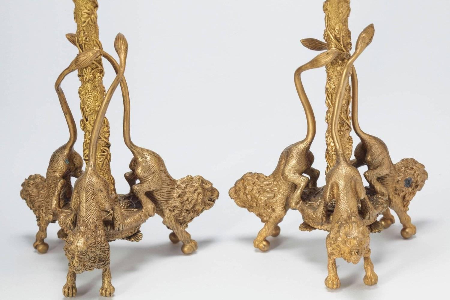 Unknown Pair of Whimsical Gilt Bronze Ram and Lion Cast Candlesticks