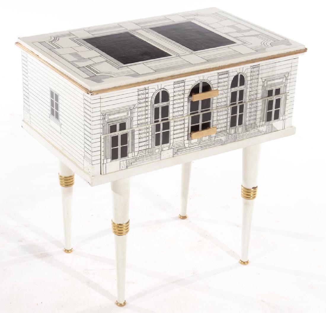 Mid-Century Modern Pair of Architectural Italian Side Tables in the Manner of Fornasetti 