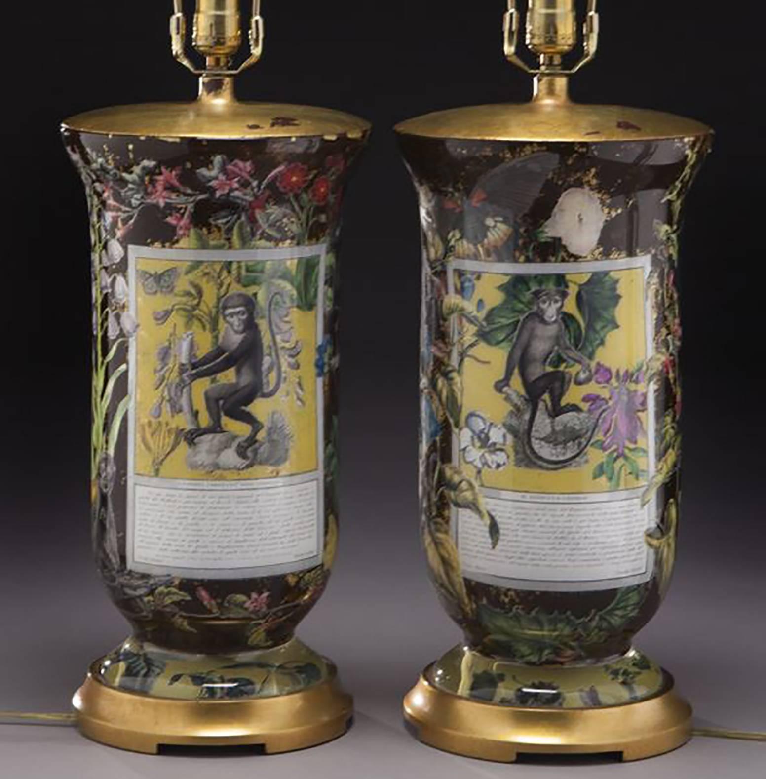 Découpage Pair of 20th Century Reverse Decorated Glass Table Lamps