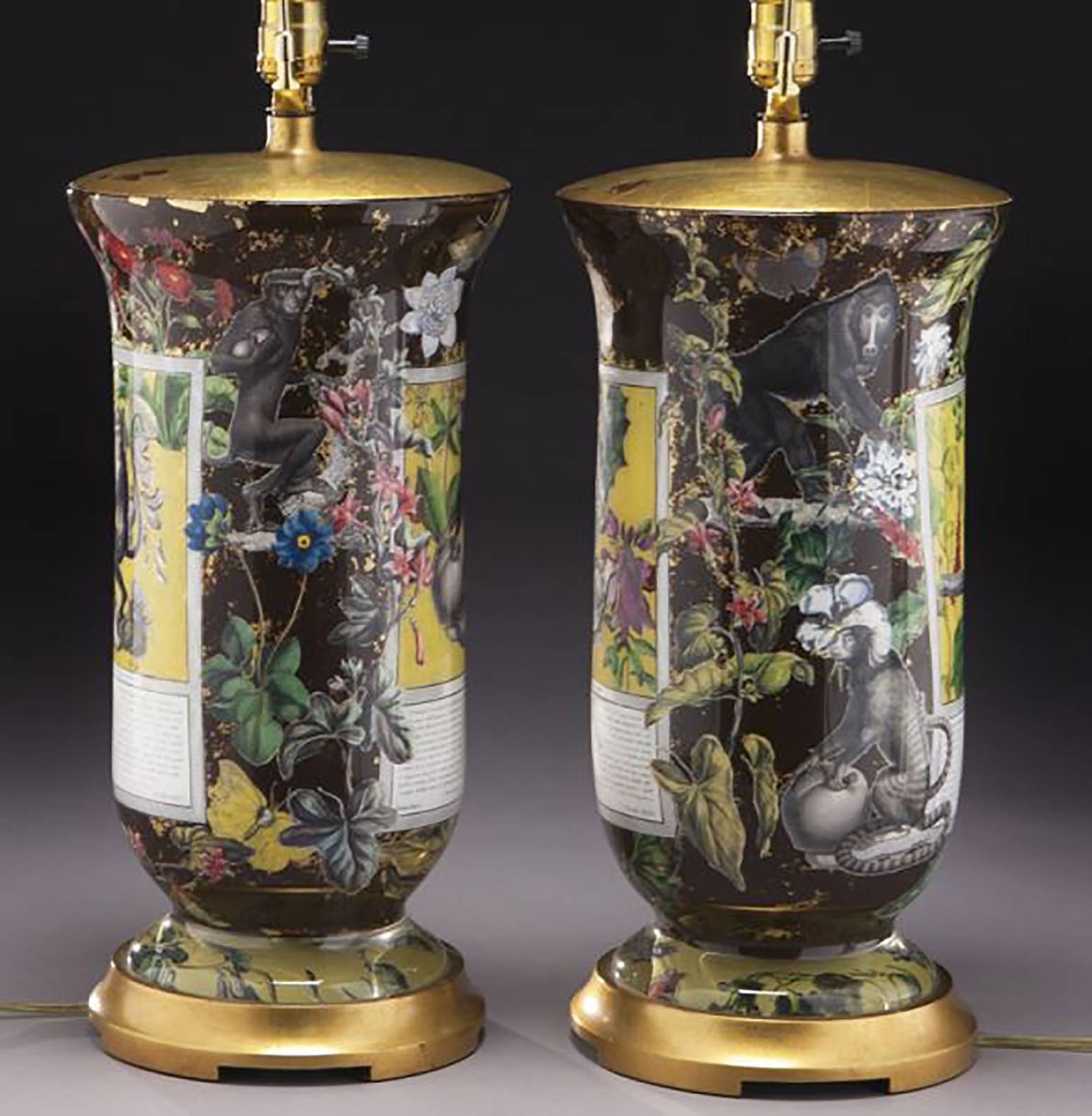 Metal Pair of 20th Century Reverse Decorated Glass Table Lamps