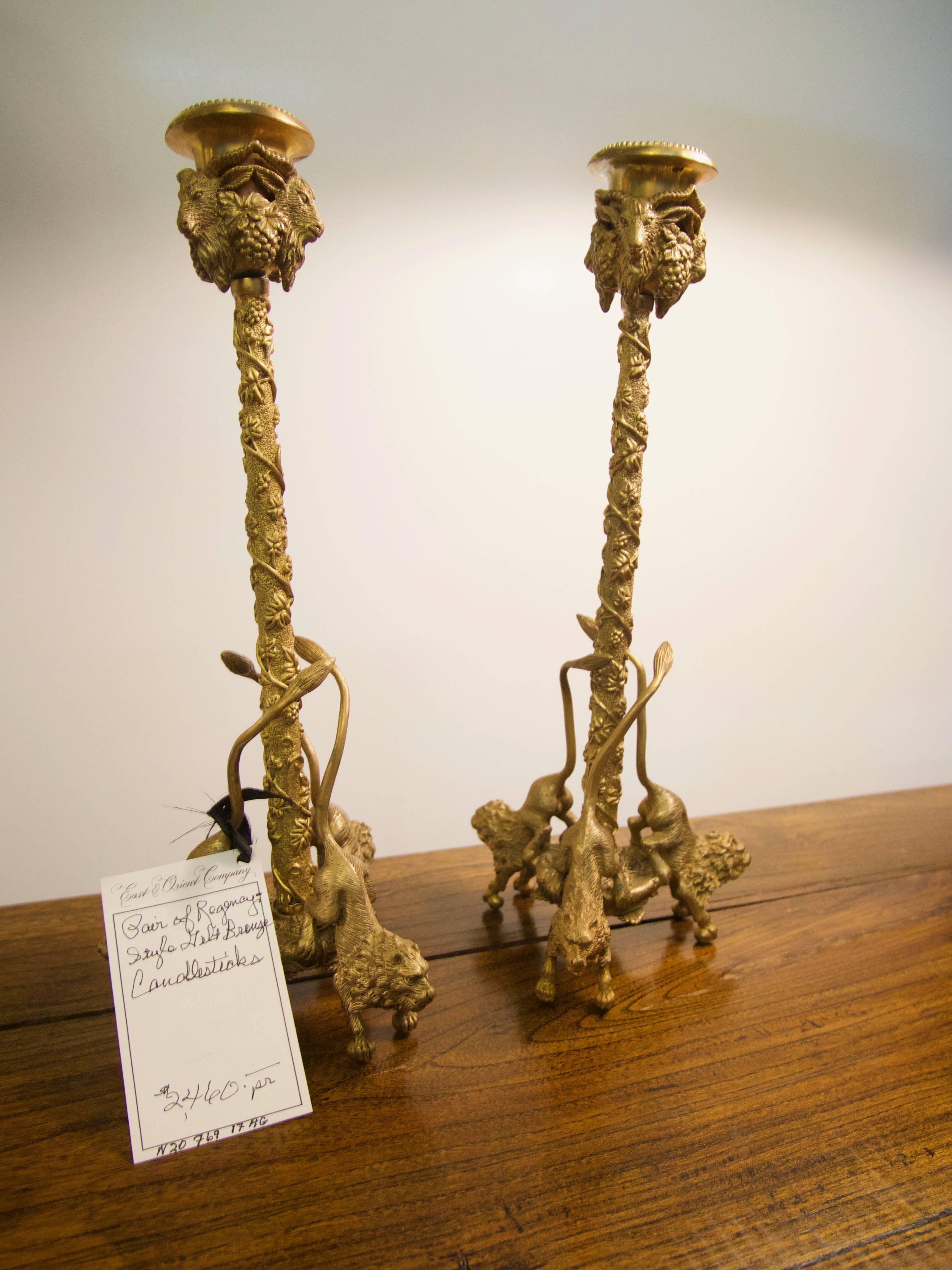 Pair of Whimsical Gilt Bronze Ram and Lion Cast Candlesticks 2