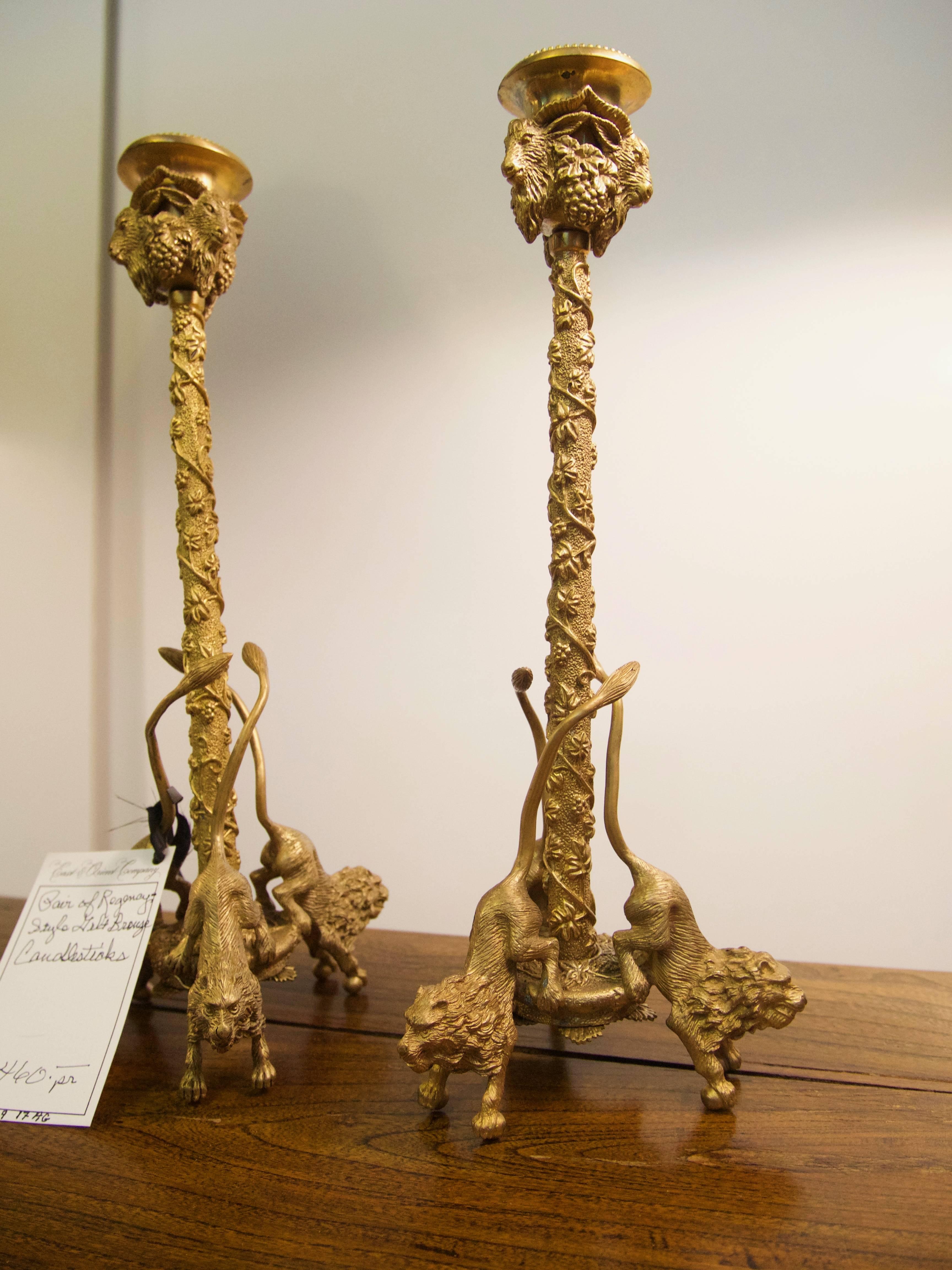 20th Century Pair of Whimsical Gilt Bronze Ram and Lion Cast Candlesticks