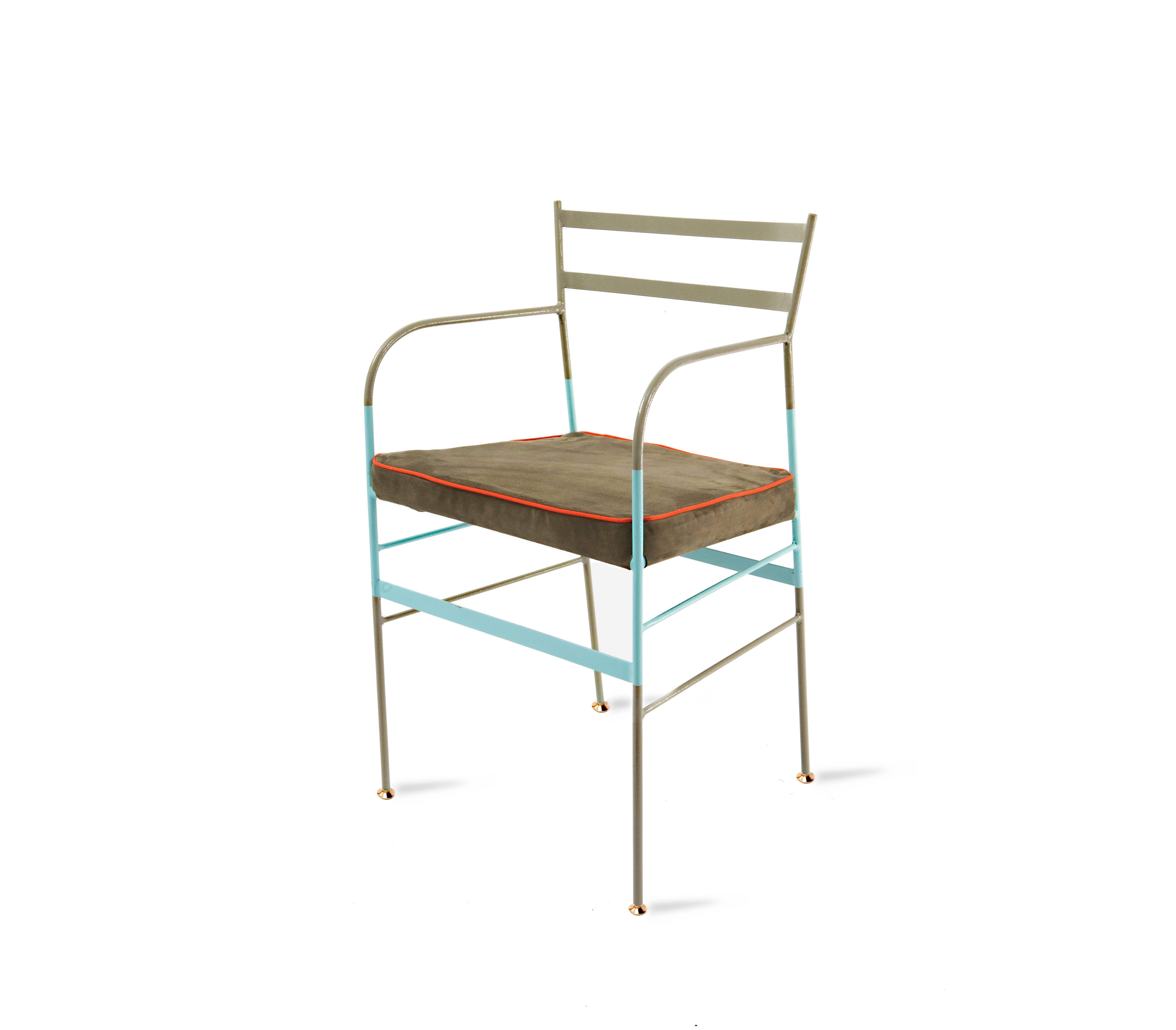 Bold piping on graceful tones of suede produces a neo-retro quality, finished with a uniquely organic compound paint and polish to prevent rust. Handcrafted in Italy from high-strength iron, these garden chairs by Sotow boast both style and