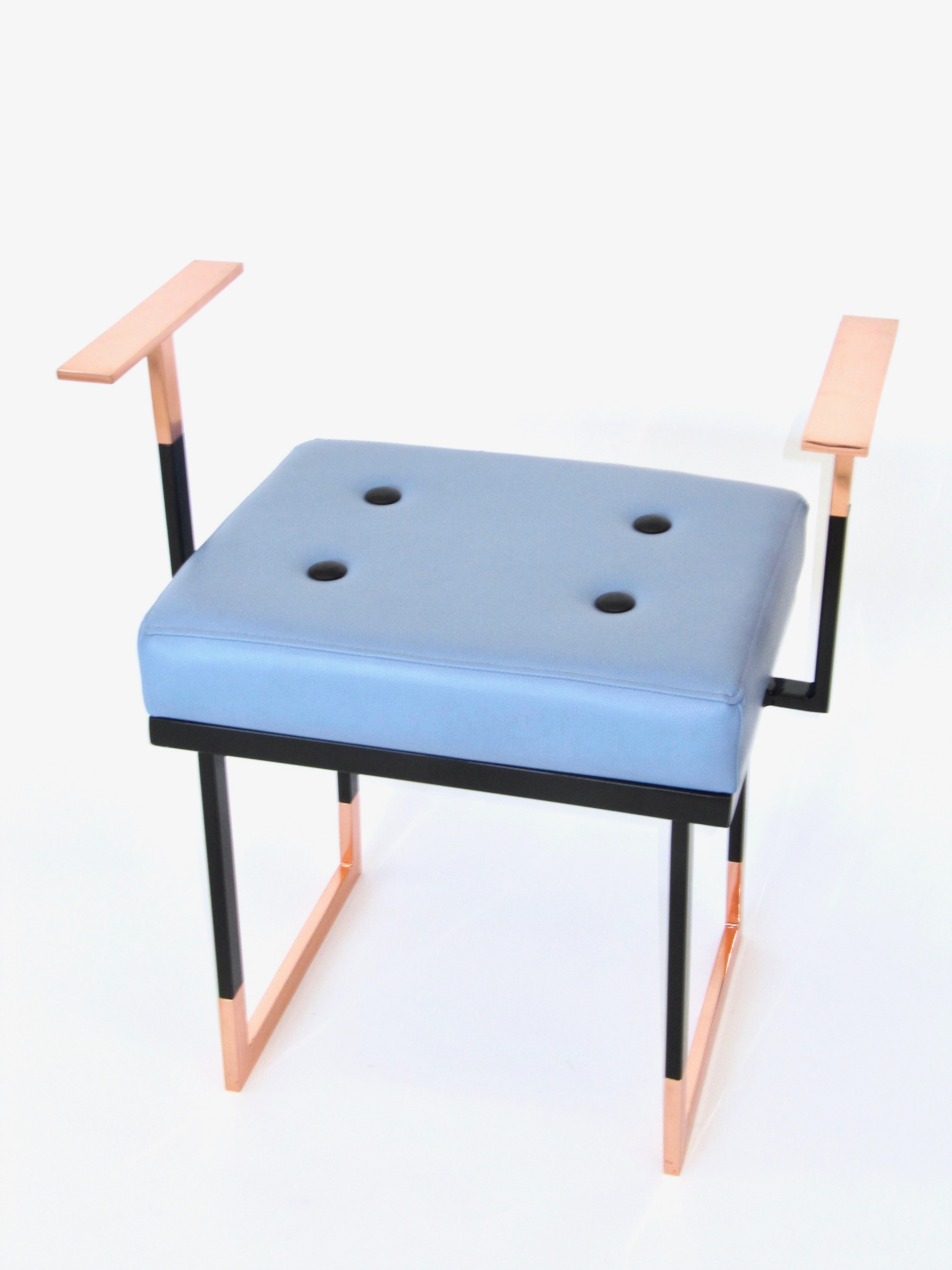 Mondrian Blue Pouf In Leather And Glossy Brass And Lacquered Iron Made In Italy