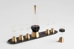 Bishop of Norwich Wine Glasses and Decanter with Oak Ebonized, Glass and Brass