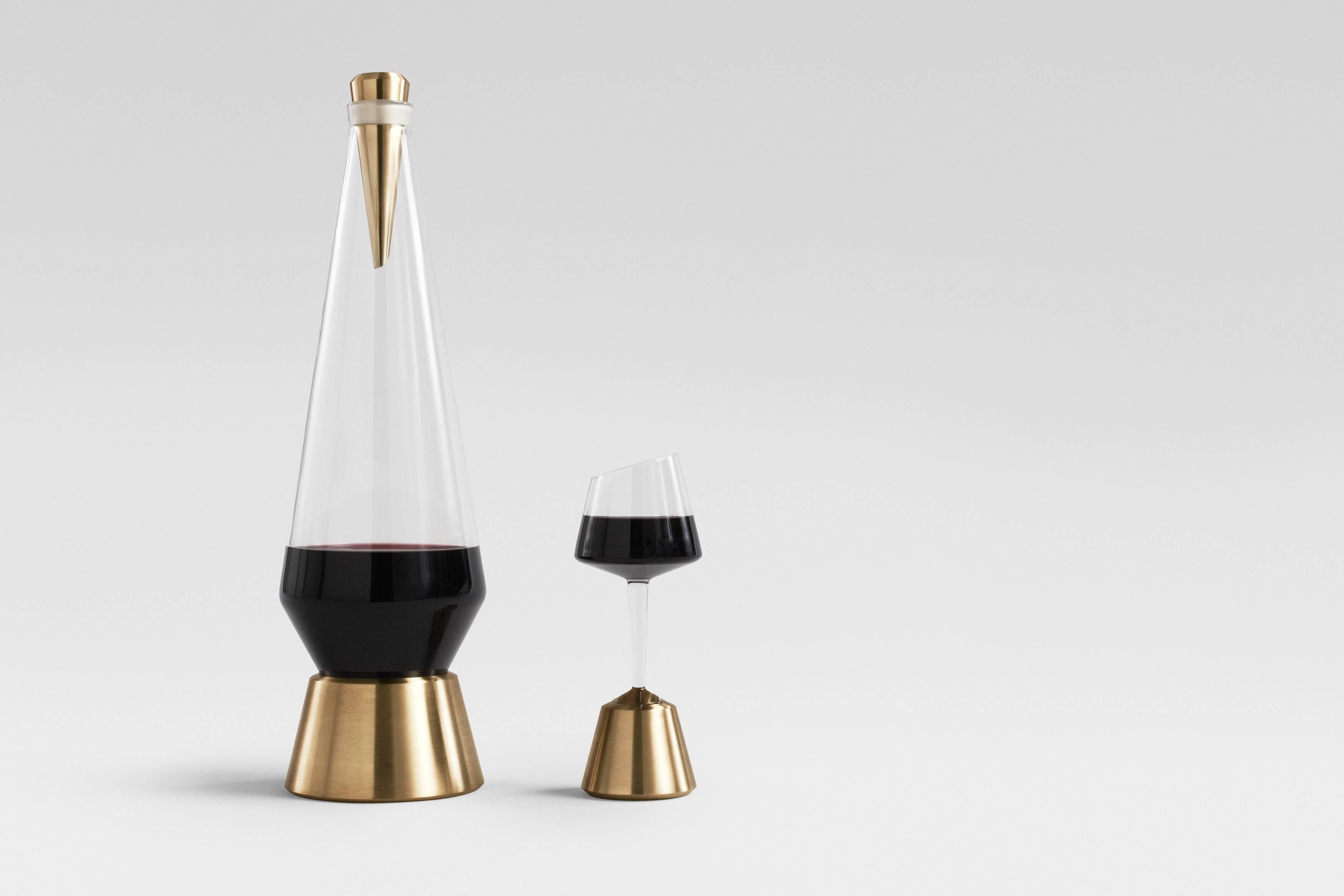 Other Bishop of Norwich Wine Glasses and Decanter with Oak Ebonized, Glass and Brass For Sale