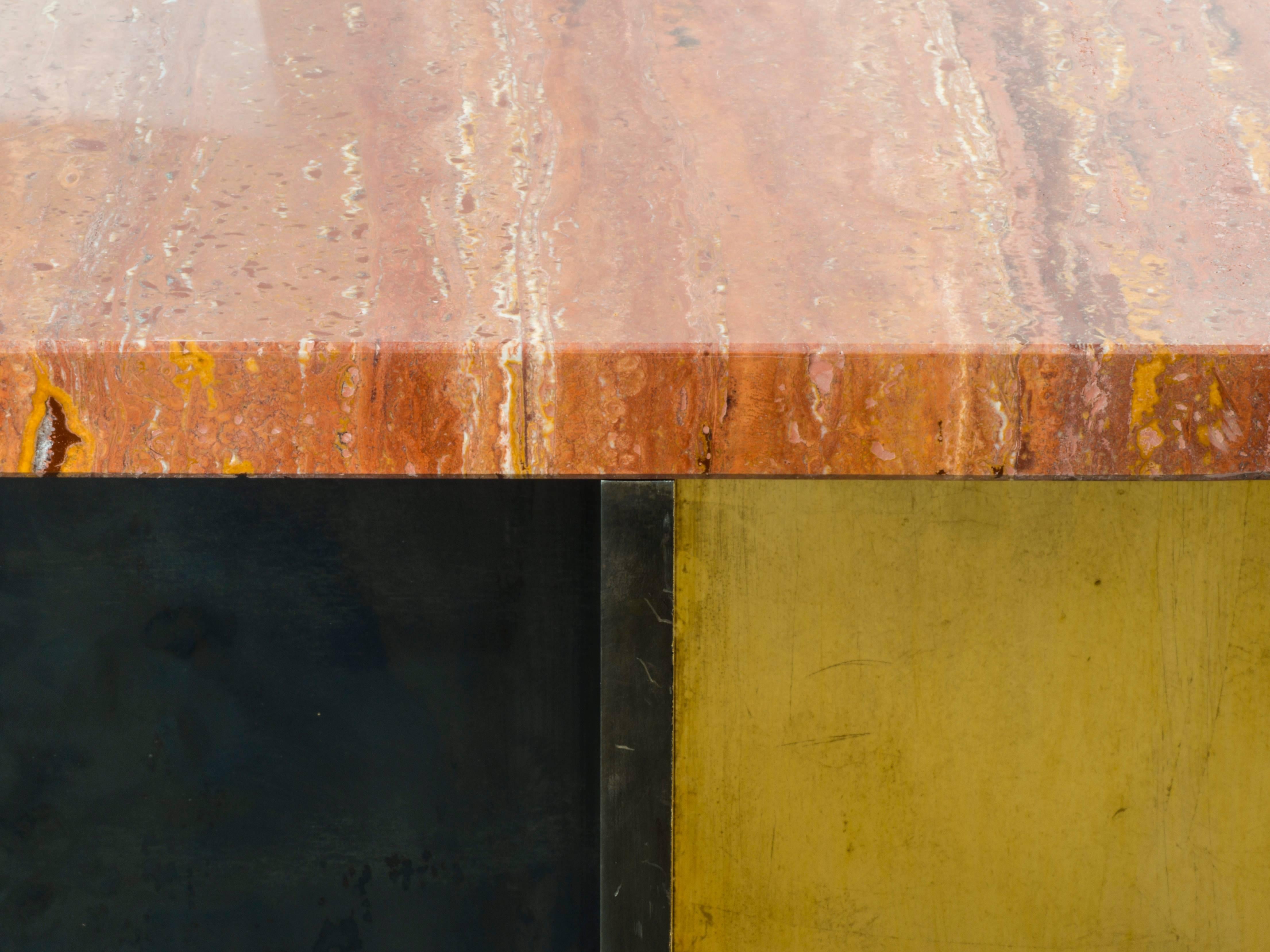 Other Gilded Cross Table by Carta Bianca, Iranian Travertine Top and Gold Leaf, Italy For Sale